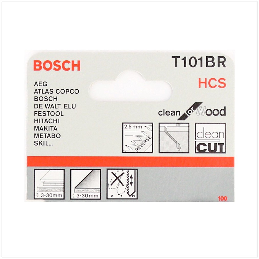 Bosch T101BR HCS Sägeblattverpackung. Enthält Marken wie AEG, Atlas Copco, Makita usw. Merkmale: "clean for wood" und "clean cut".