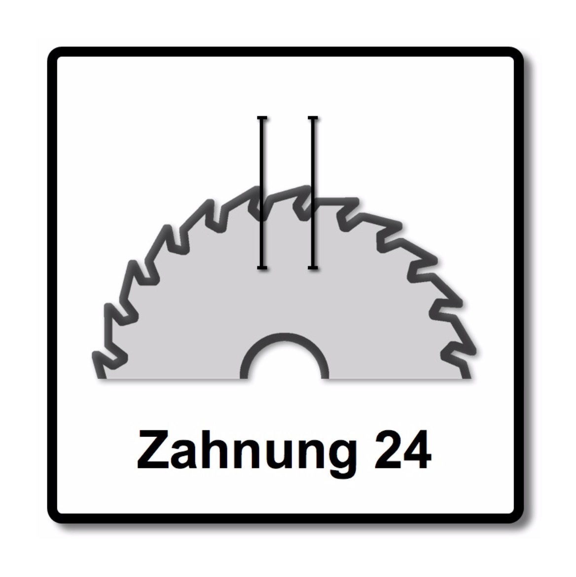 Illustration eines Sägeblatts mit 24 Zähnen. Der Text darunter lautet 'Zahnung 24'. Das Blatt ist in einem schwarzen Rahmen.