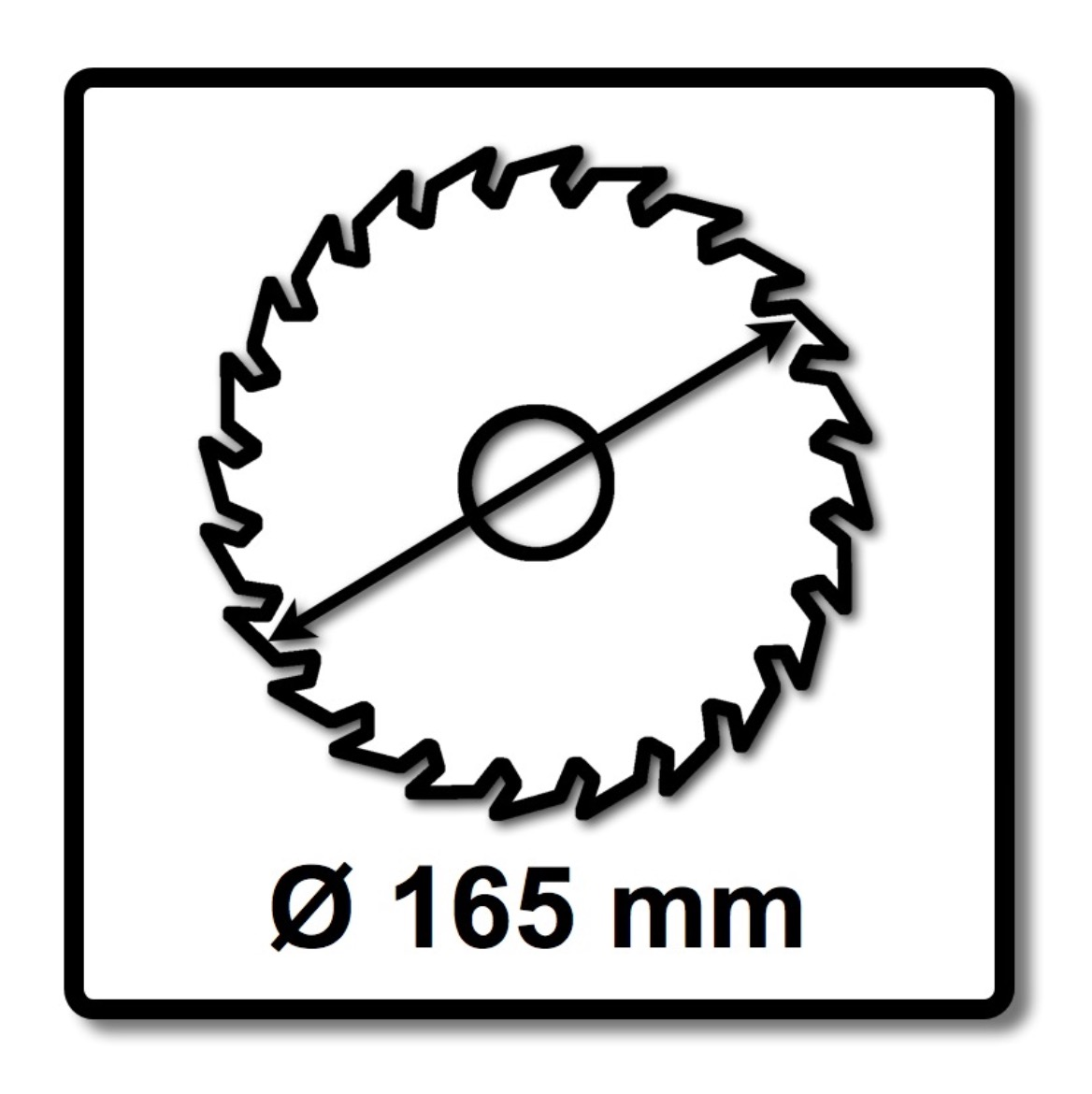 Eine schwarz-weiße Illustration eines Sägeblattes mit einem Durchmesser von 165 mm in einem quadratischen Rahmen.