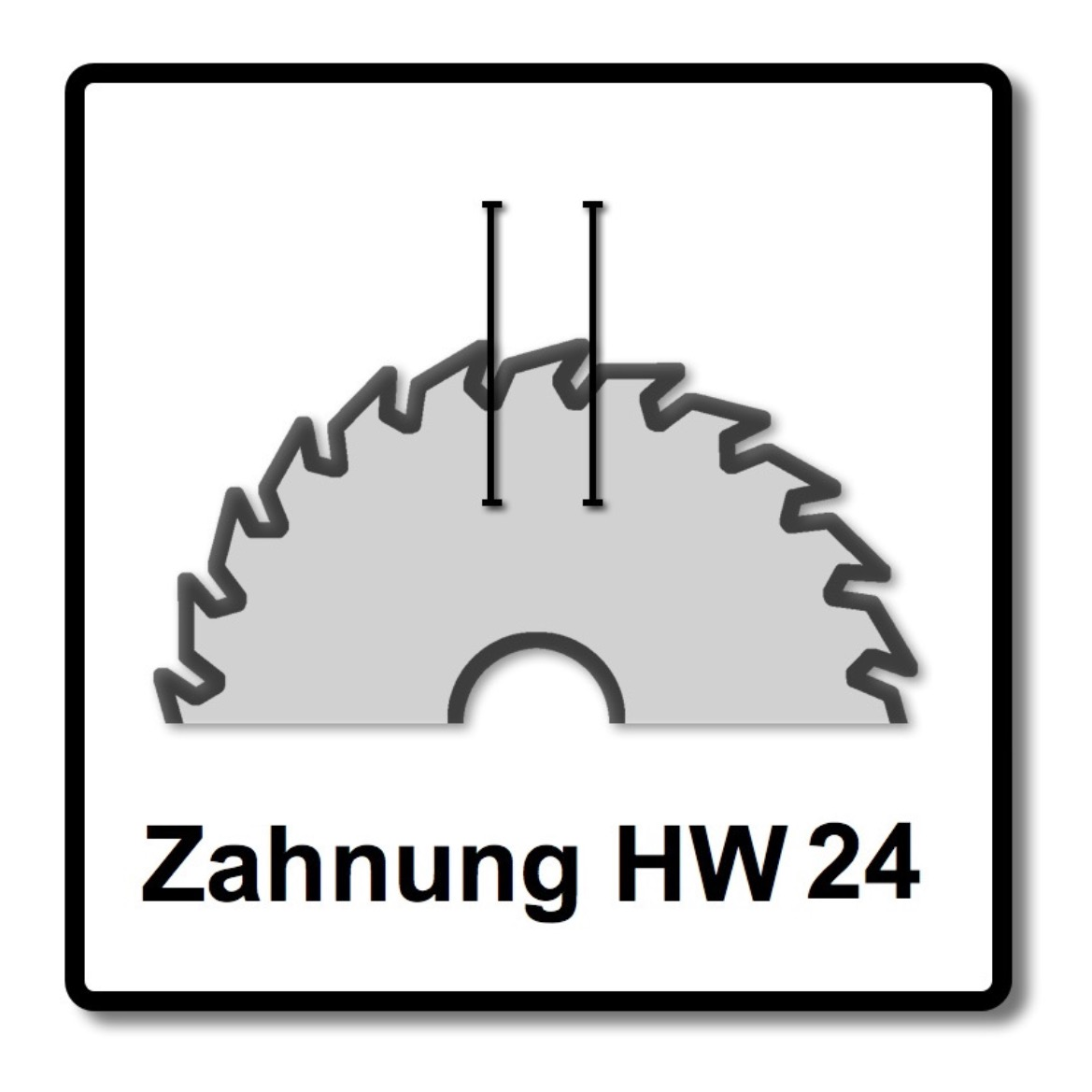 Ein Sägeblatt-Symbol mit Zähnen und Linien, beschriftet mit 'Zahnung HW 24' in einem quadratischen Rahmen.