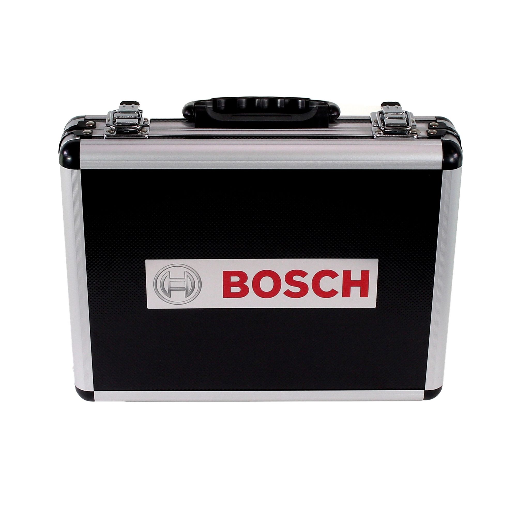 Eine schwarze und silberne Bosch-Werkzeugkiste. Auf der Vorderseite befindet sich das Bosch-Logo. Es steht auf weißem Grund.