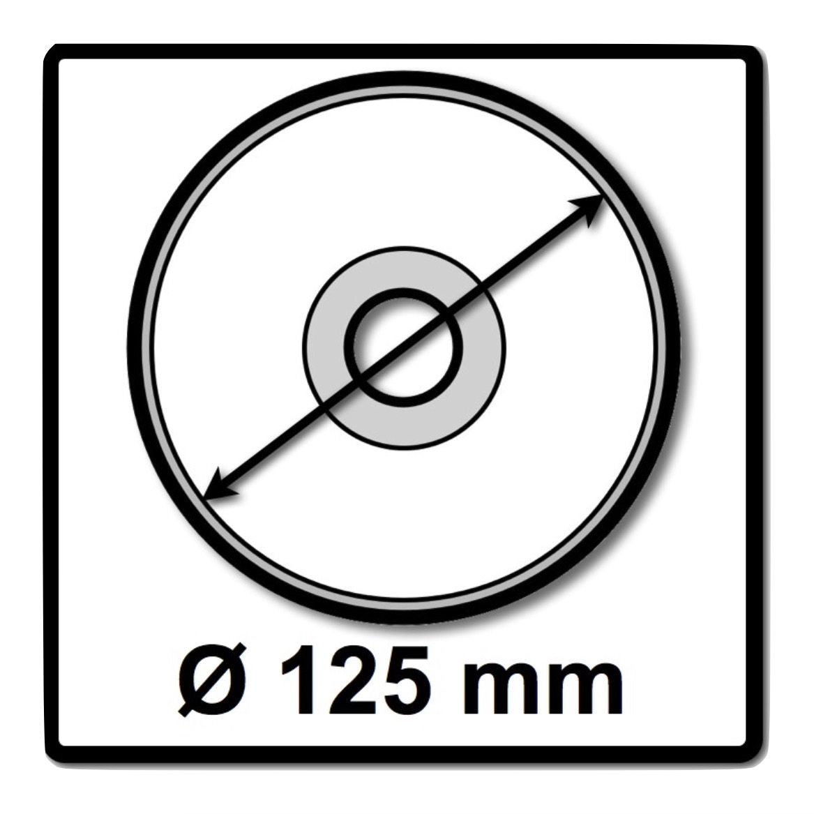 Diagramm zeigt eine Scheibe mit einem Durchmesser von 125 mm. Es hat ein Mittelloch und eine Linie, die den Durchmesser angibt.