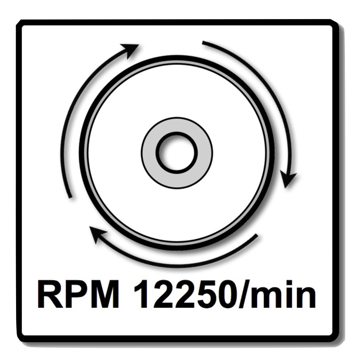 Weißes Quadrat mit schwarzem Rand. Kreisförmiges Symbol mit Pfeilen, die Drehung anzeigen. Liest 'RPM 12250/min' in schwarzem Text.