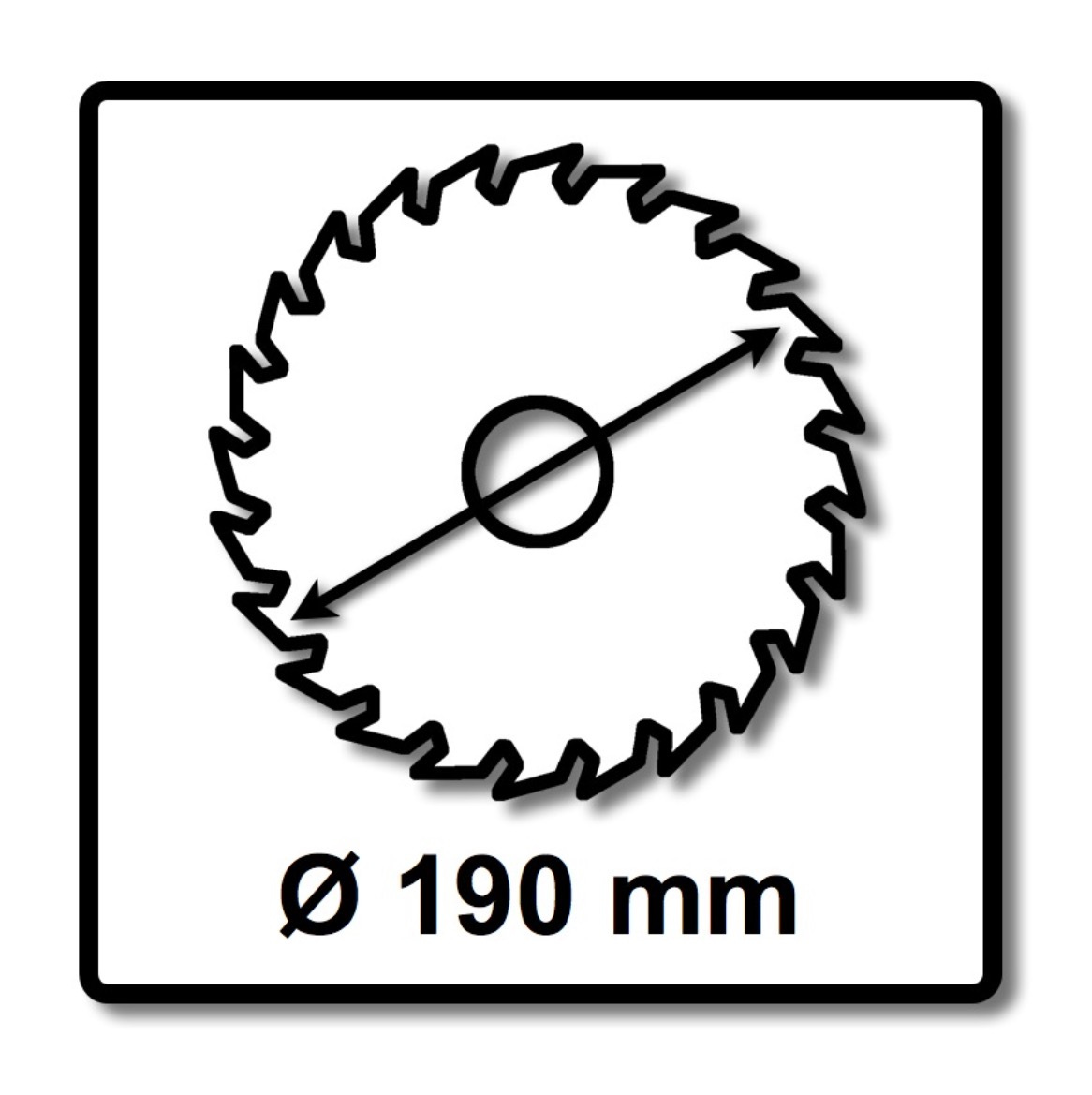 Schwarz-weißes Bild eines Kreissägeblattes mit einem Durchmesser von 190 mm. Die Klinge befindet sich in einem quadratischen Rahmen.