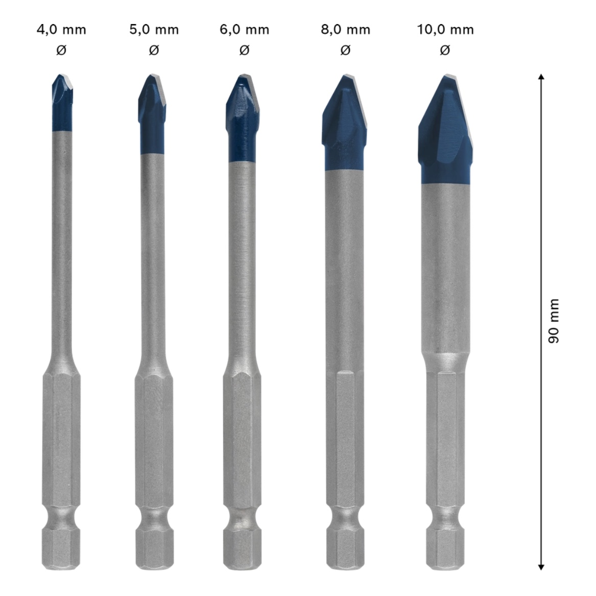 Fünf Bohrer in verschiedenen Größen werden angezeigt. Jeder hat einen silbernen Schaft und eine blaue Spitze. Größen sind 4,0 mm, 5,0 mm, 6,0 mm, 8,0 mm und 10,0 mm.