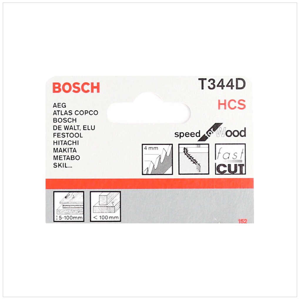 Bosch T344D HCS Sägeblattverpackung. Merkmale sind 'fast cut', 'wood' und Kompatibilität mit Marken wie Bosch, Makita und mehr.