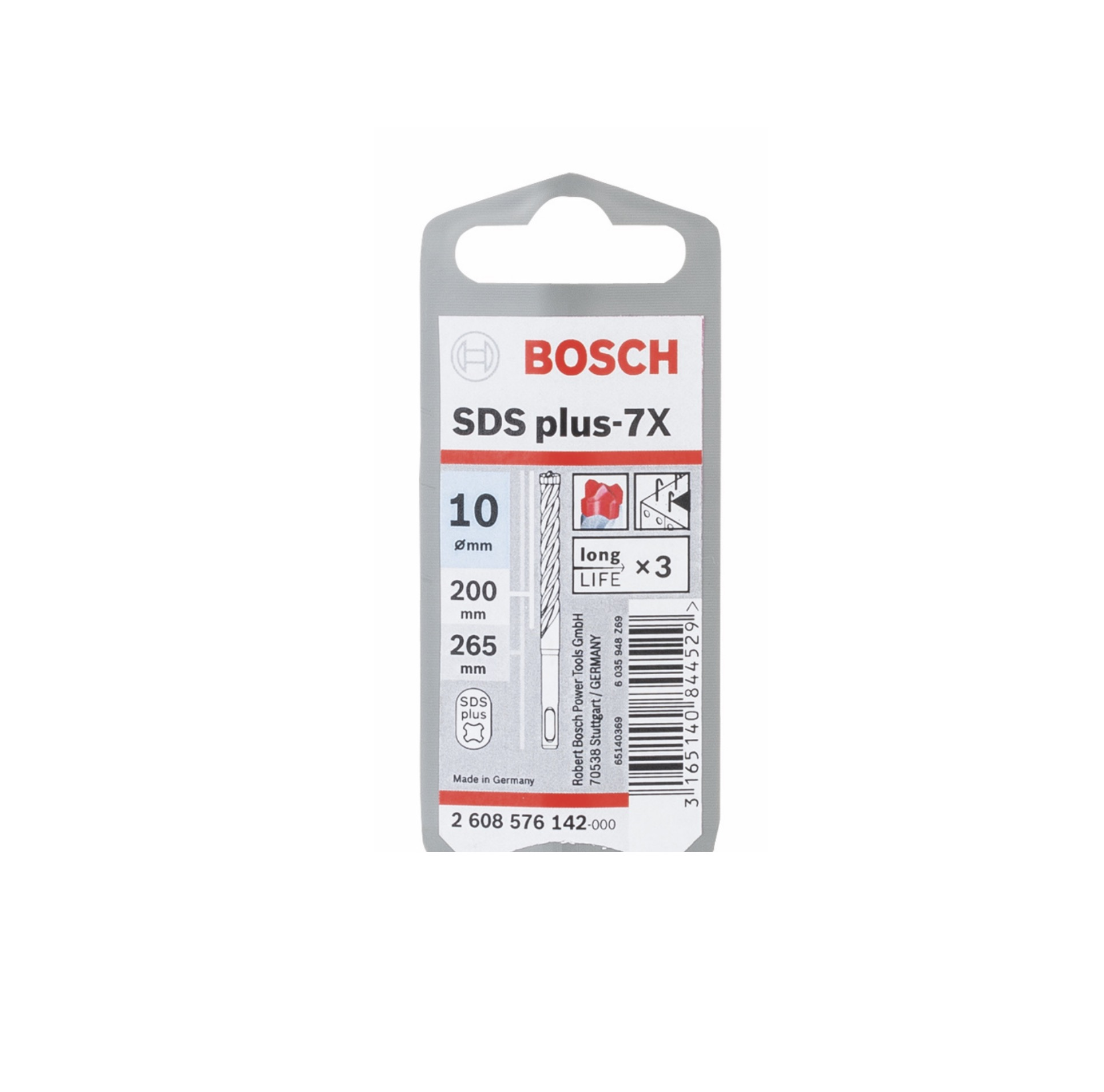 Bosch SDS plus-7X Bohrerverpackung. Grau und rot. Enthält Spezifikationen und Produktinformationen.