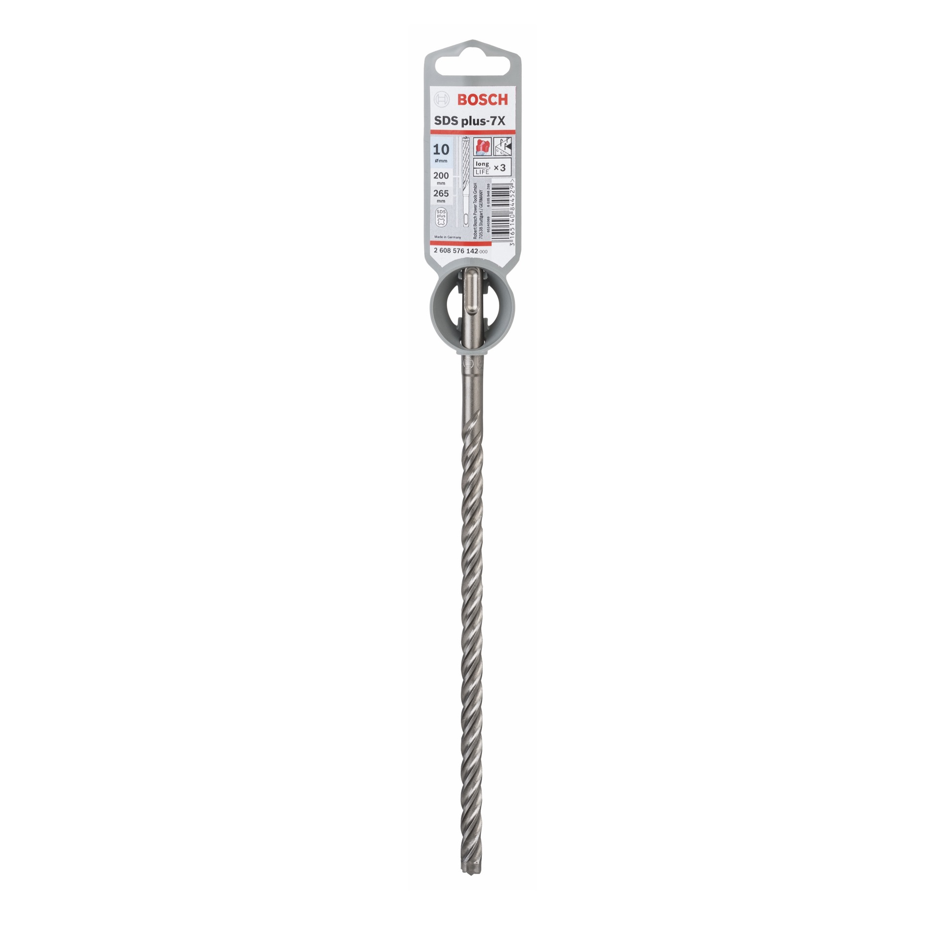 Ein Bosch SDS plus-7X Bohrer auf weißem Hintergrund. Er hat einen grauen Griff und einen silbernen Bohrer.