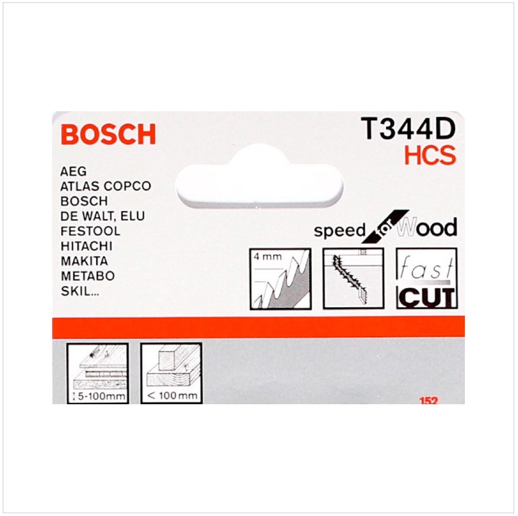 Bir Bosch T344D HCS ahşap testere bıçağı paketi. Logolar, marka adları ve ahşap kesme diyagramları içerir.