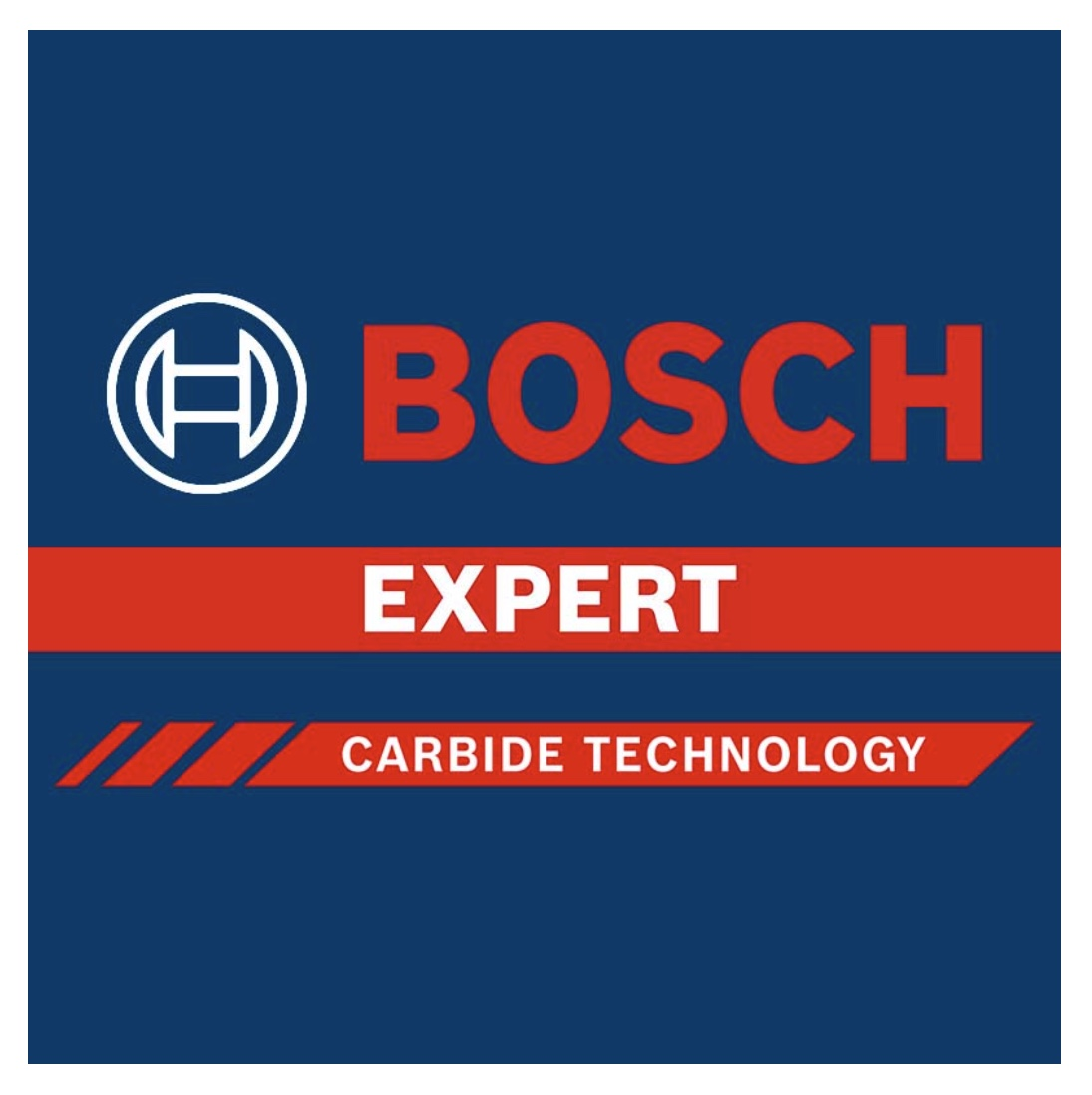 Logo Bosch con 'BOSCH EXPERT' in bianco su una striscia rossa e 'CARBIDE TECHNOLOGY' su uno striscione rosso, tutto su sfondo blu.