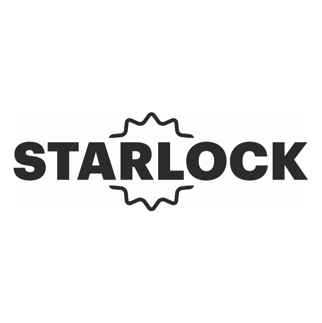 Il logo mostra la parola STARLOCK in lettere nere e in grassetto. Un design stilizzato a forma di sole circonda la parola.