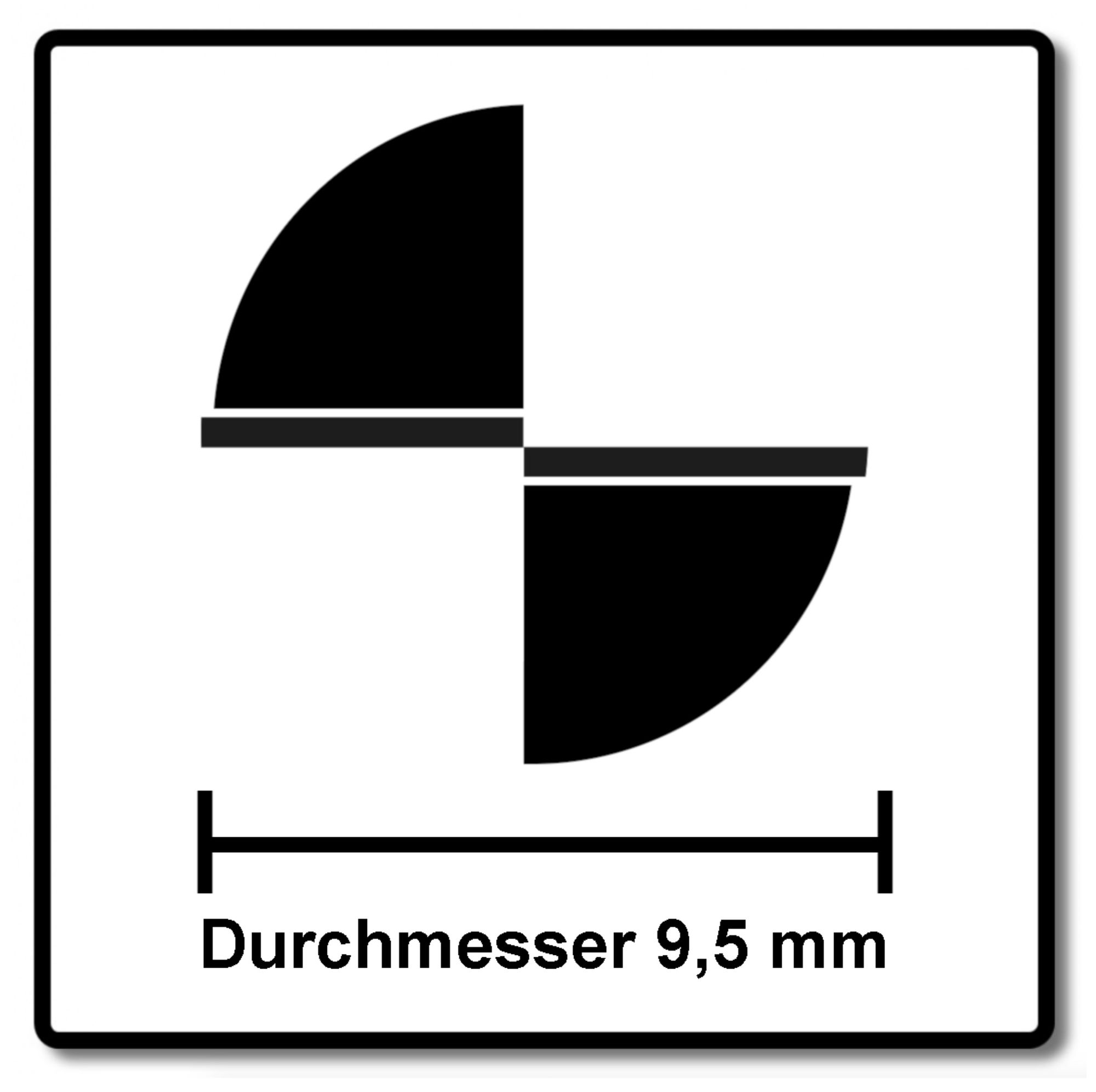 Schild mit schwarz-weißem Kreis, durch Linien geteilt. Text darunter: Durchmesser 9,5 mm, Durchmesserangabe.