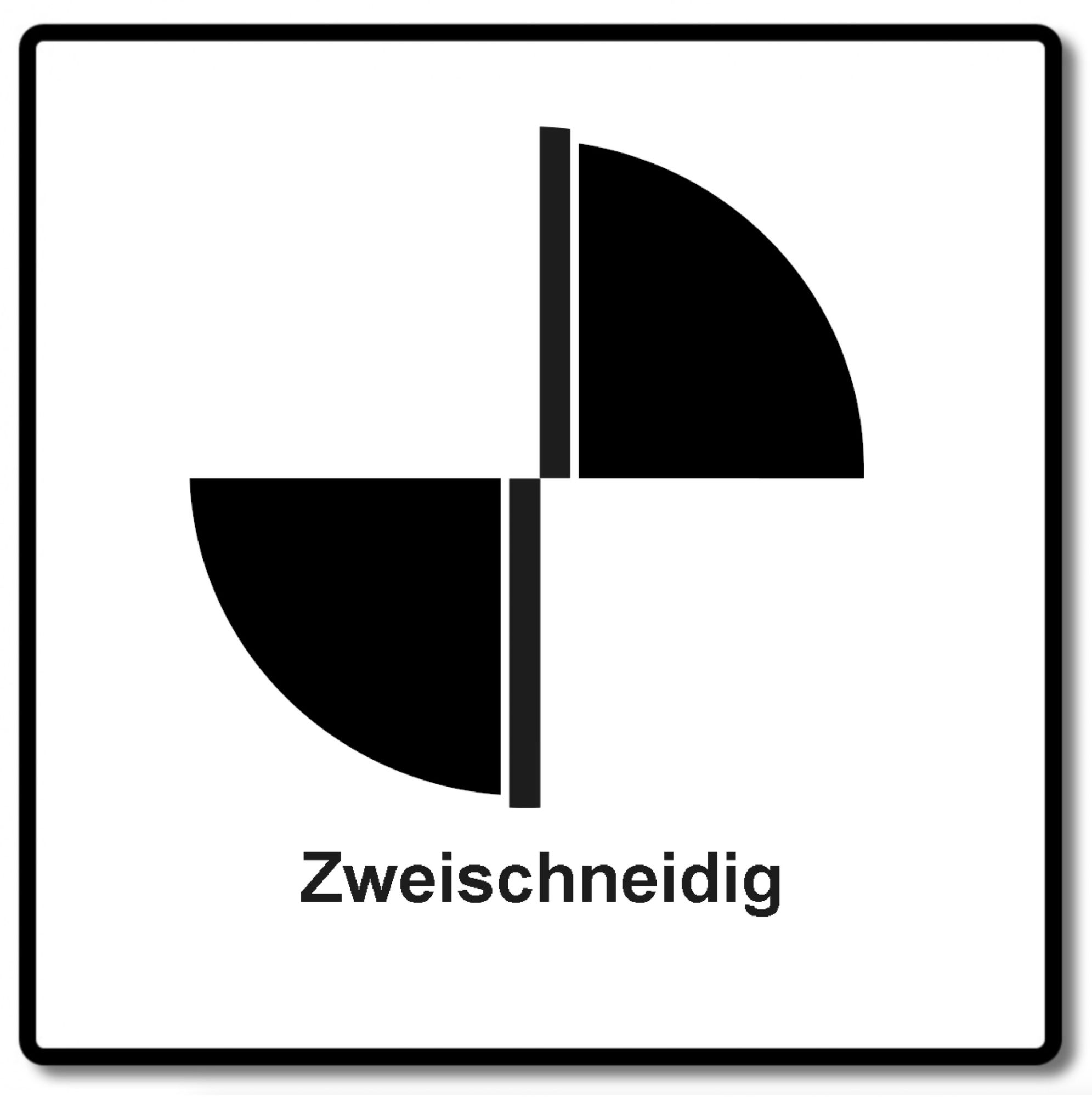 Schild mit schwarzen Formen, die ein Kreuz bilden, darunter das Wort 'Zweischneidig'. Weißer Hintergrund, schwarzer Rand.