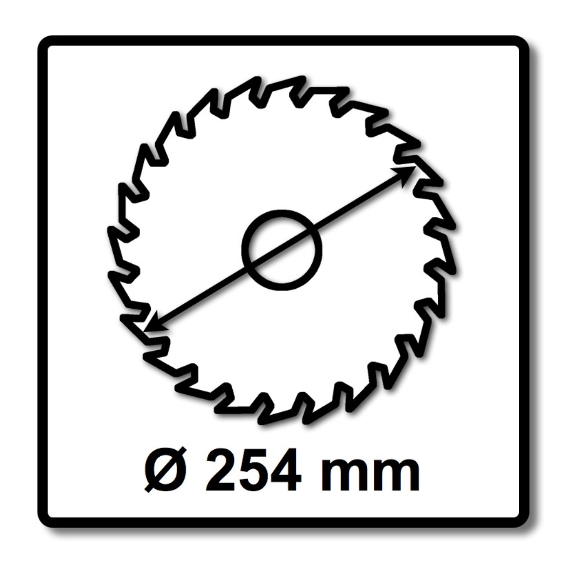 Ein schwarz-weißes Symbol. Ein Sägeblatt mit Zähnen und einem Durchmesser von 254 mm, in einem quadratischen Rahmen.