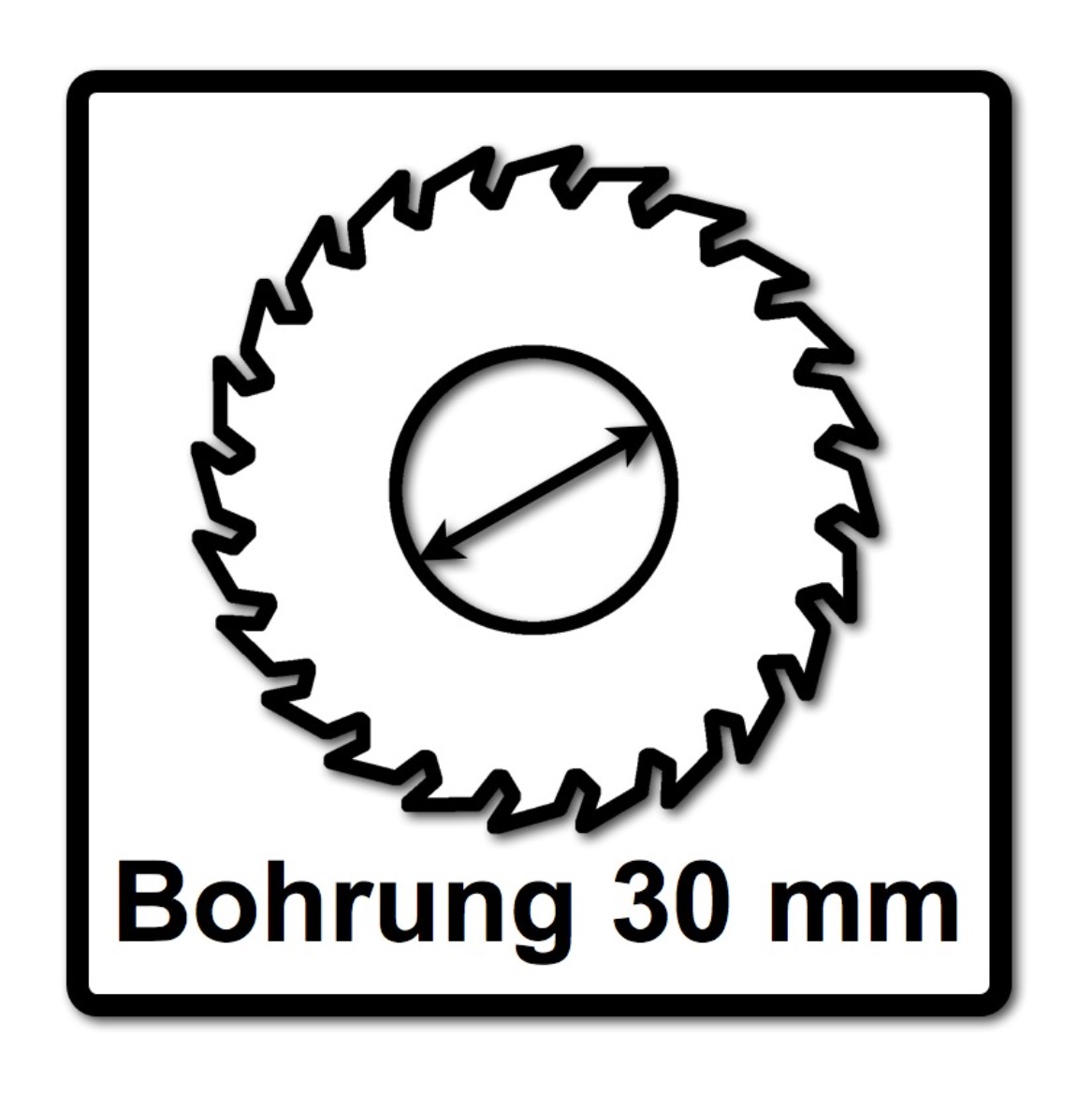 Schild mit Sägeblattumriss und Kreis mit Durchmesserlinie. Text: Bohrung 30 mm.