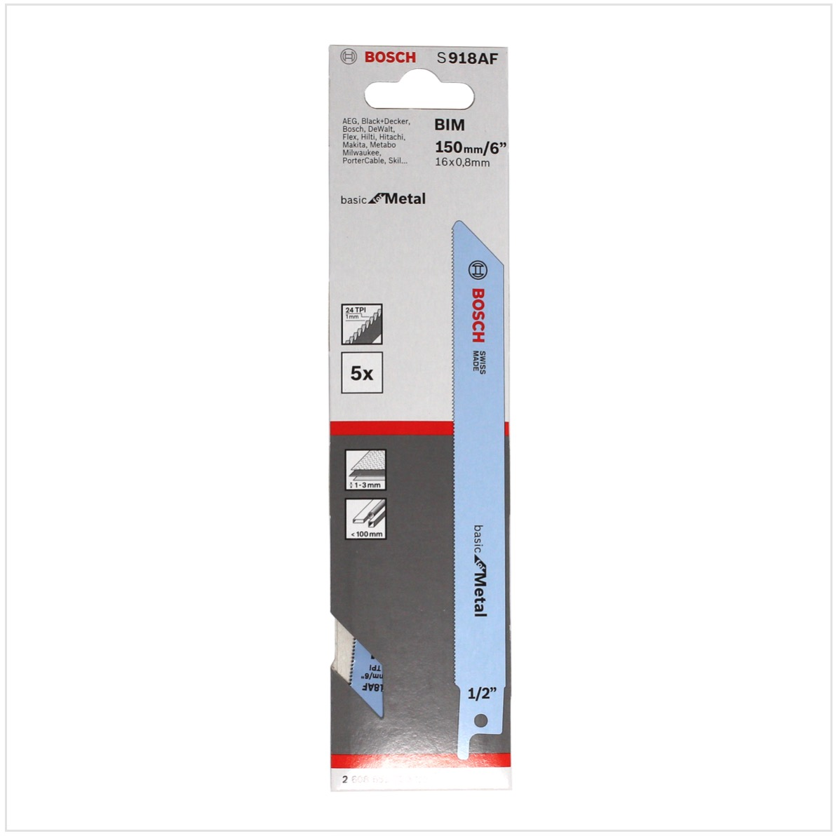 Ein Bosch S918AF Metallsägeblatt auf weißem Hintergrund. Es zeigt Abmessungen, Markendetails und die Aufschrift 'basic Metal'.