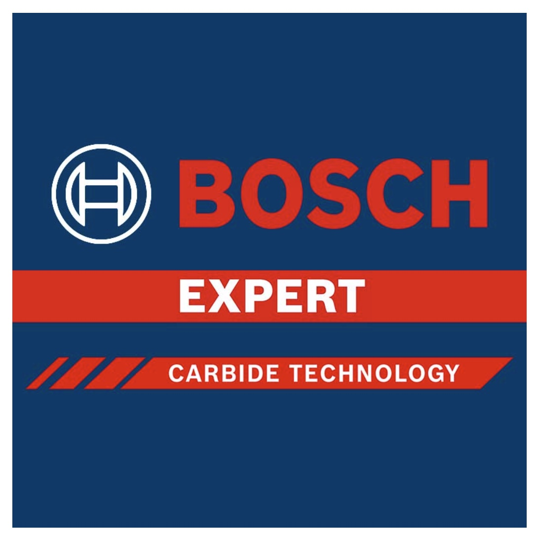 Logo Bosch avec cercle blanc et fond bleu. Texte rouge : BOSCH EXPERT CARBIDE TECHNOLOGY.