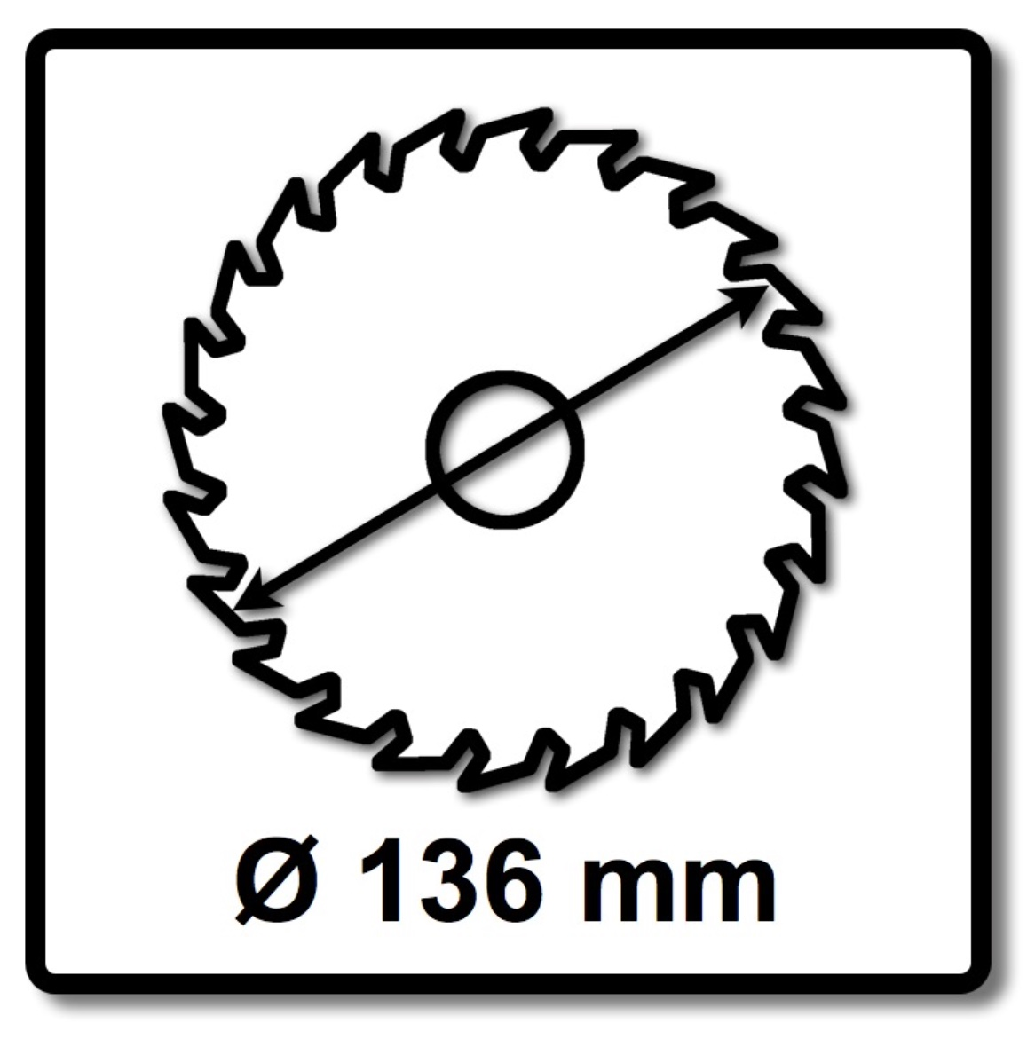 Schwarzes Kreissägeblatt mit Zähnen, Durchmesser 136 mm, auf weißem Hintergrund, in einem schwarzen Quadrat.