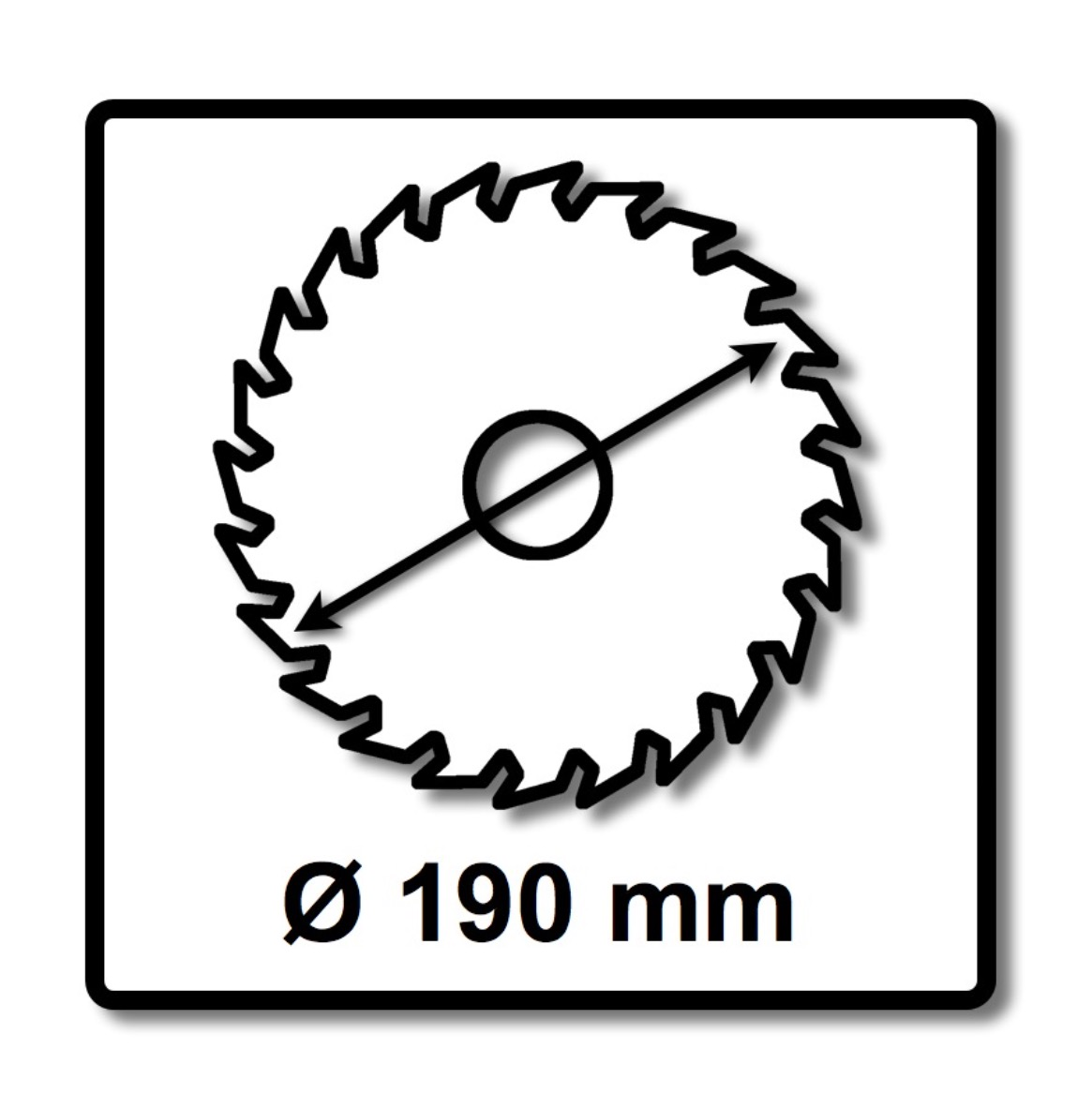Schwarzes Kreissägeblatt-Symbol mit einem Durchmesser von 190 mm in einem schwarzen Quadrat auf weißem Hintergrund.
