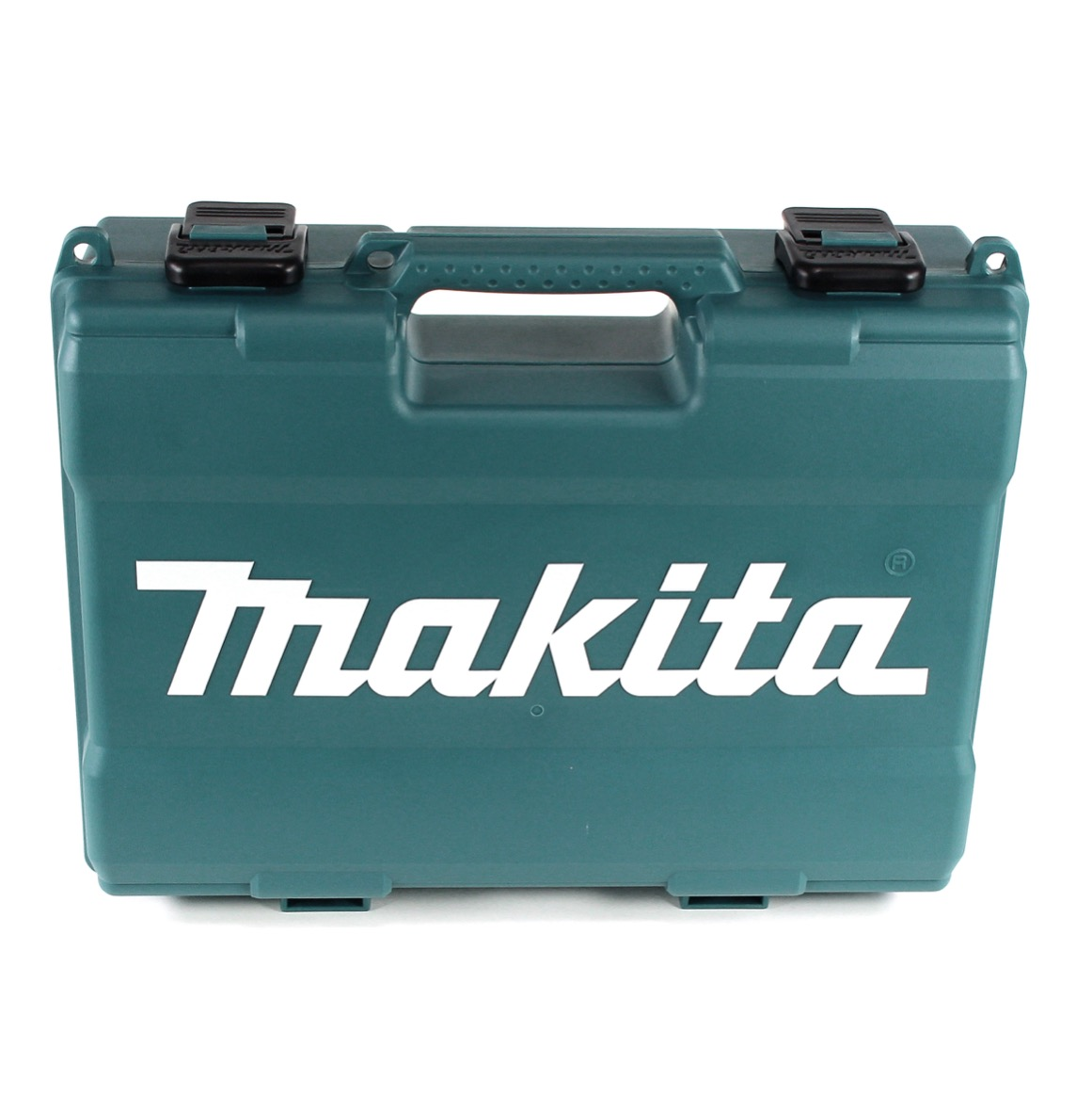 Eine türkisfarbene Makita-Werkzeugkiste mit Griff und zwei schwarzen Verschlüssen. Das Makita-Logo ist weiß und prominent.