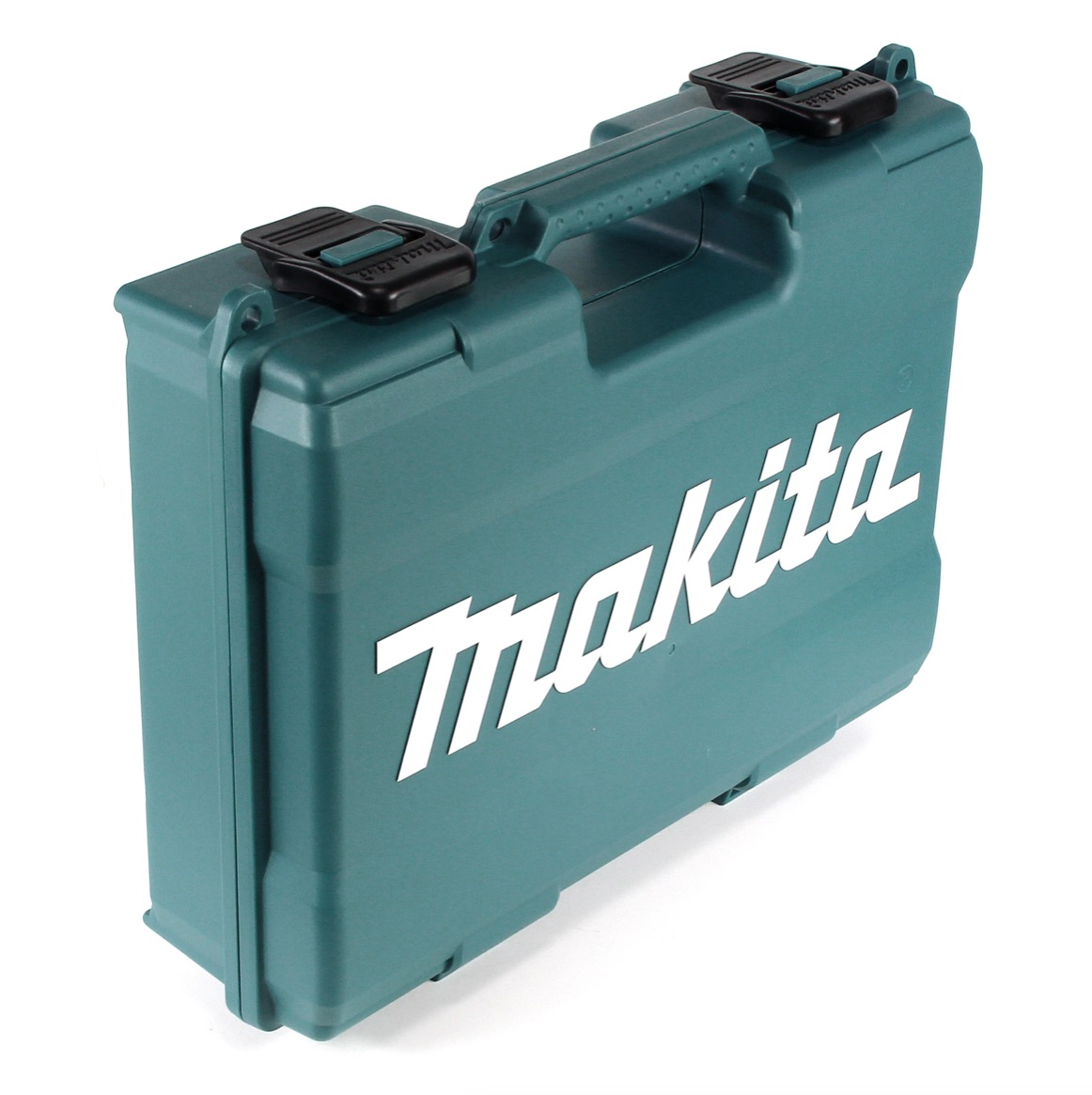 Ein türkisfarbener Makita-Werkzeugkoffer mit Griff und zwei schwarzen Verschlüssen. Das Makita-Logo ist weiß dargestellt.