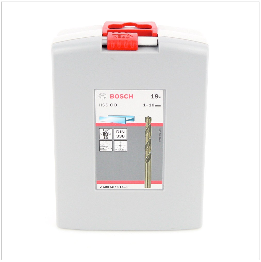 Ein grauer Koffer mit rotem Verschluss enthält ein Bosch-Bohrer-Set. Das Etikett zeigt einen Bohrer, Spezifikationen und das Bosch-Logo.