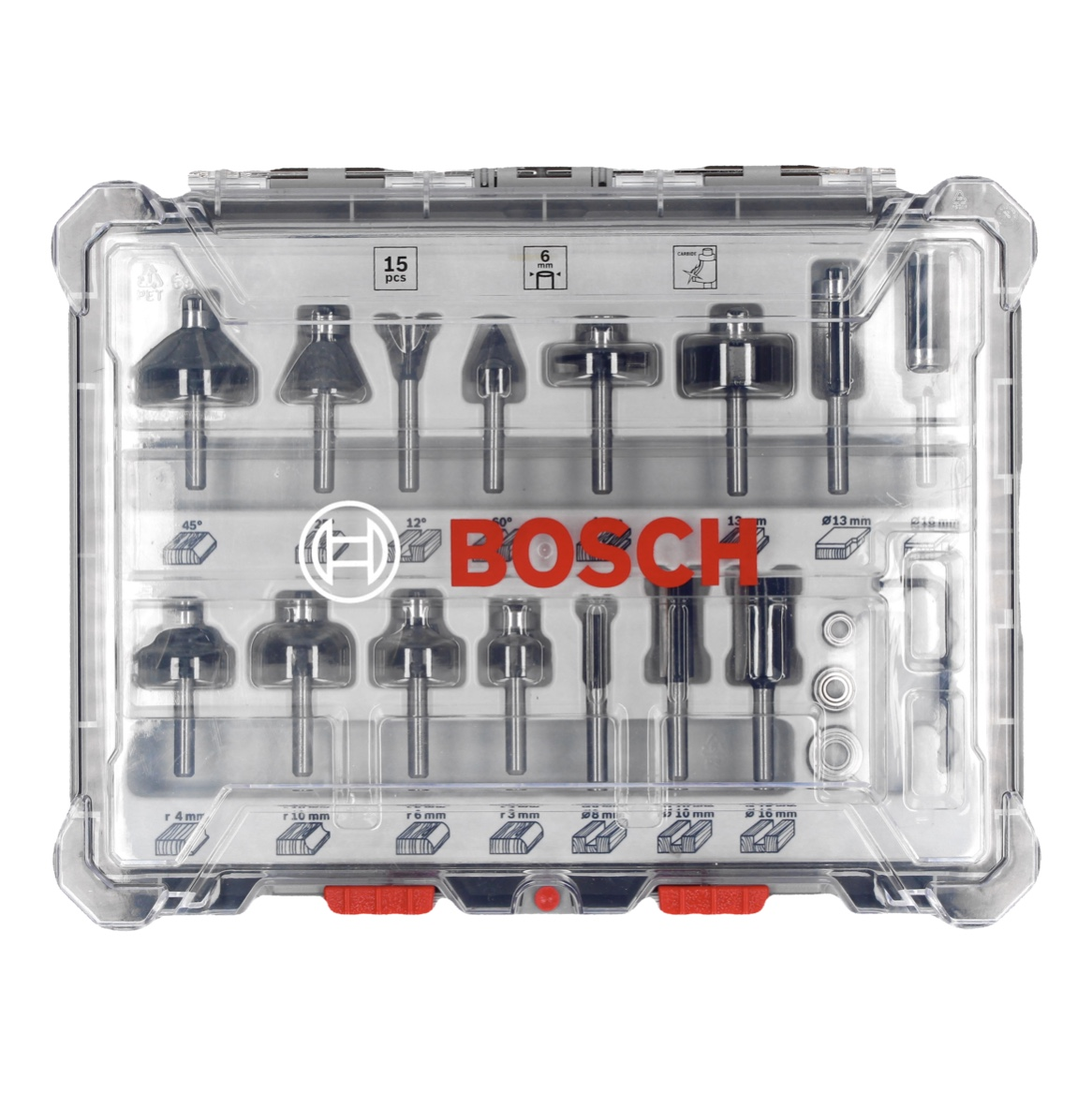 Un boîtier en plastique transparent contenant 15 mèches de routeur de formes différentes. Le logo Bosch est visible. Diverses mesures sont visibles.