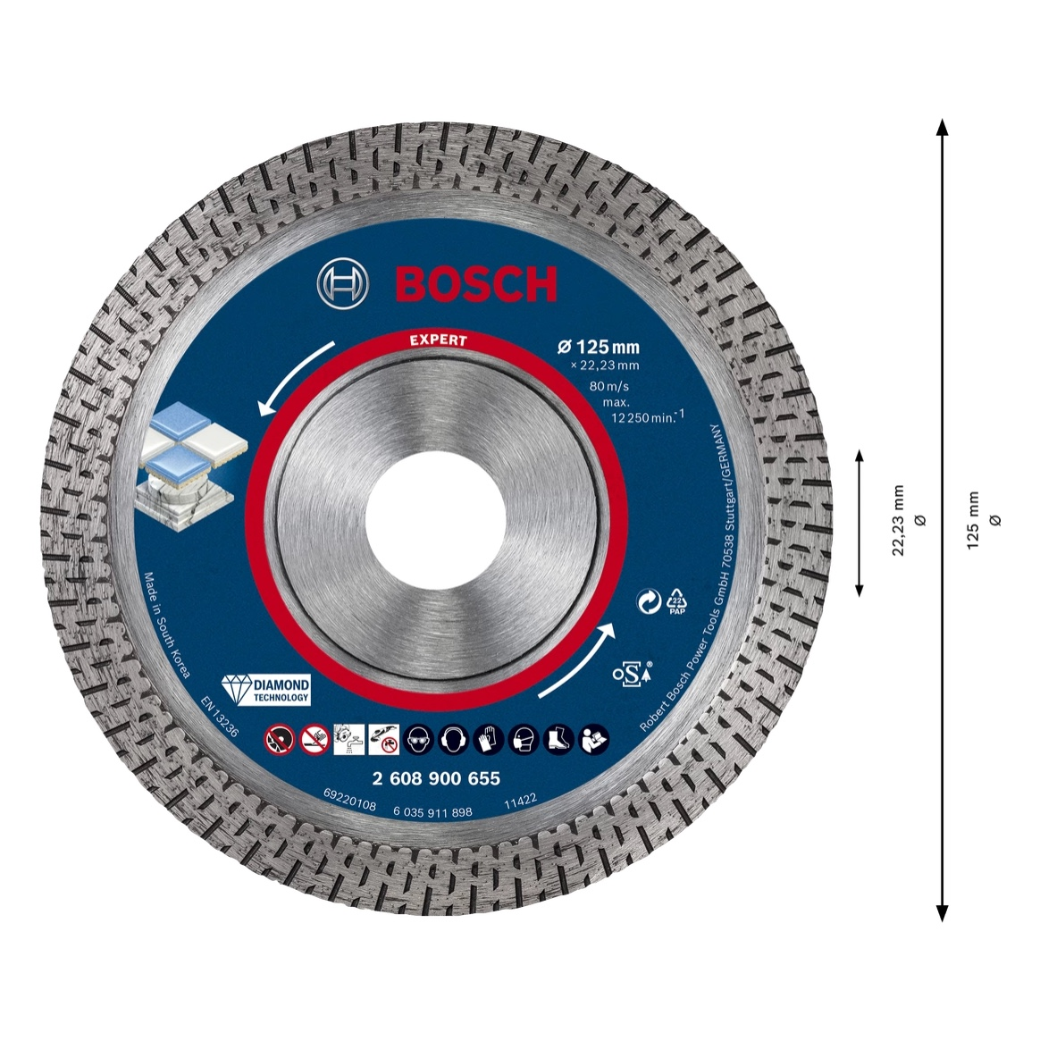 Eine Bosch Expert Diamant-Trennscheibe. Blau und silber mit Text: Durchmesser 125 mm, Bosch-Logo und eine Diagramm mit Abmessungen.
