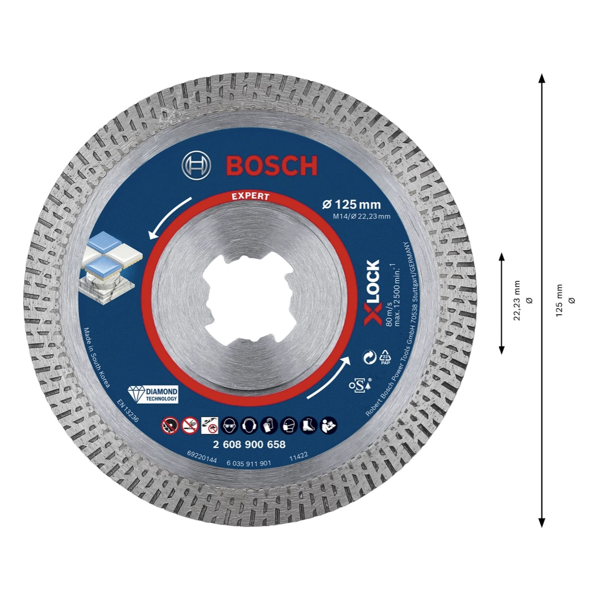Eine Bosch EXPERT Diamant-Trennscheibe. Sie hat ein blaues und silbernes Design mit Produktinformationen und Abmessungen.