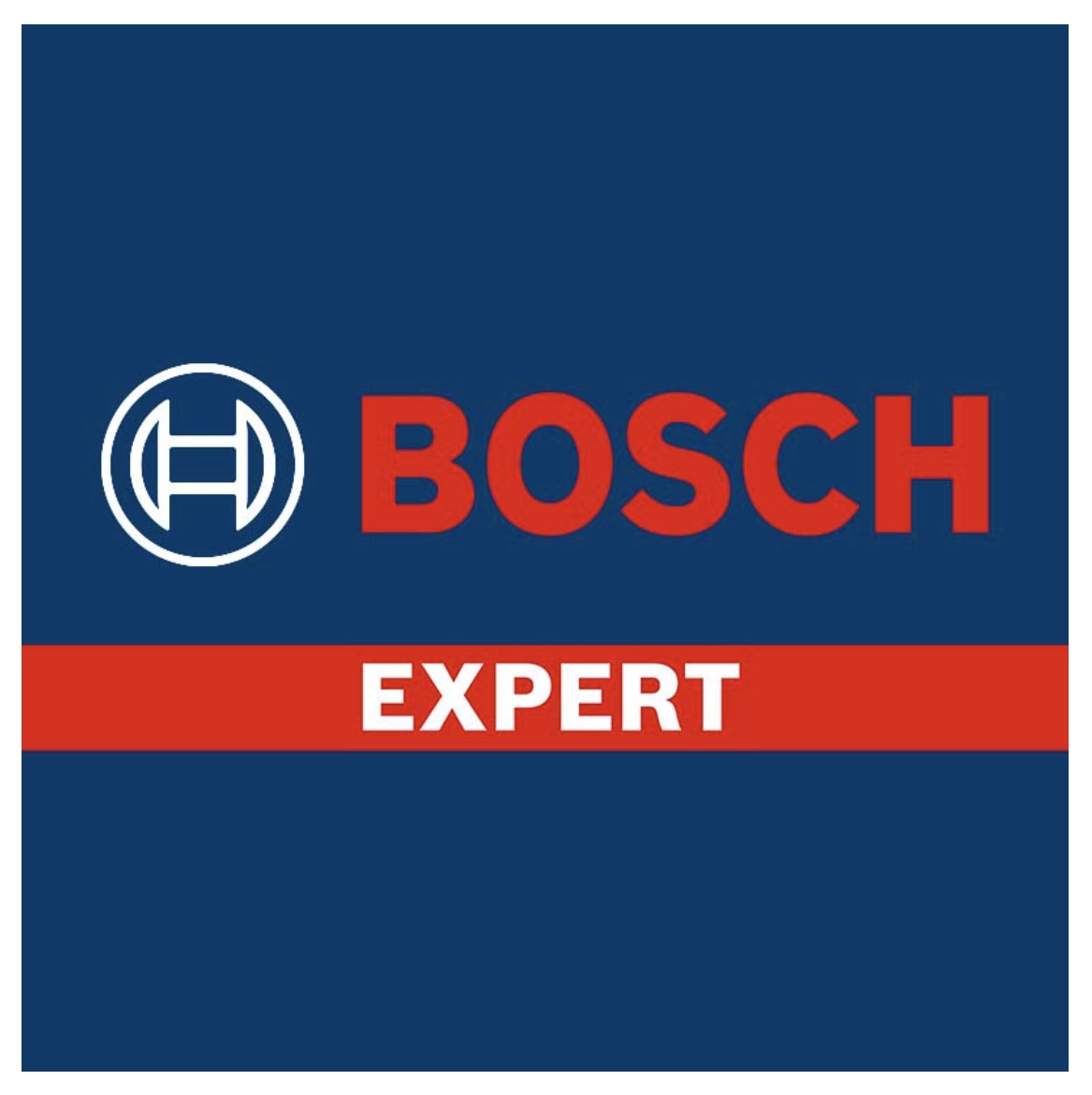 Bosch-Logo auf blauem Hintergrund. Es zeigt das Bosch-Symbol, das Wort "BOSCH" in Rot und "EXPERT" auf einem roten Streifen.