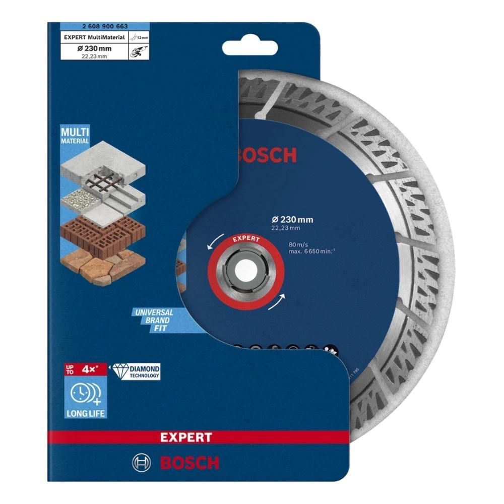 Mavi Bosch Expert MultiMaterial testere bıçağı paketi. Bıçak, çok malzemeli numuneler ve elmas teknolojisi ve uzun ömür gibi özellikleri gösterir.