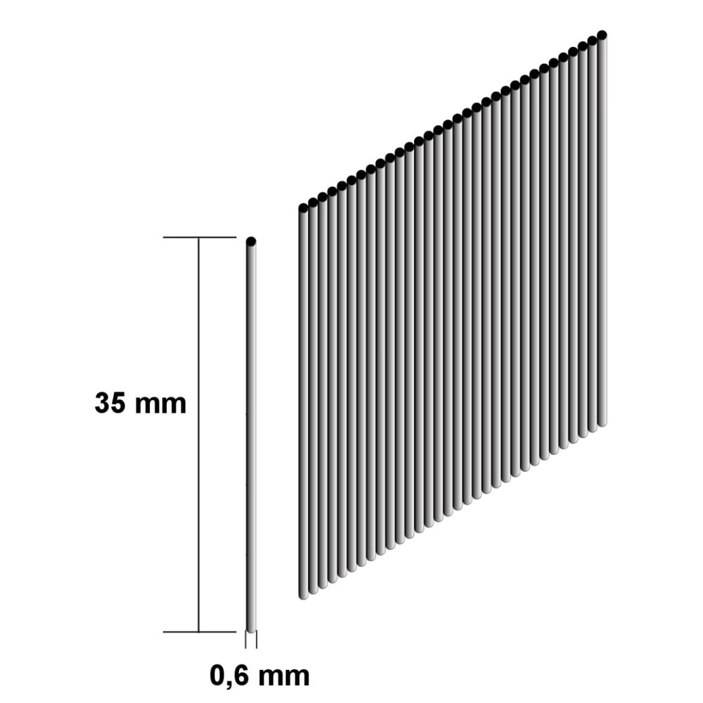 Das Bild zeigt eine 35 mm lange, 0,6 mm dicke Linie neben einer Reihe paralleler Linien. Die schwarzen Linien haben oben kleine schwarze Kreise.