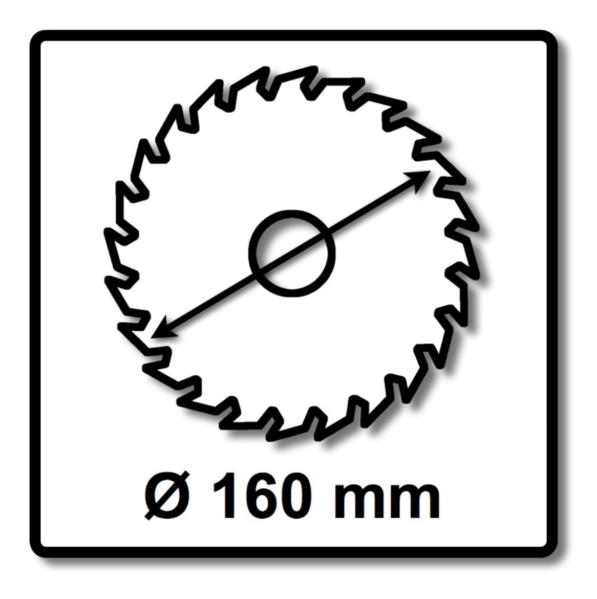 Diagramm eines kreisförmigen Sägeblatts mit Zähnen. Eine Linie zeigt den Durchmesser an, der mit Ø 160 mm gekennzeichnet ist.