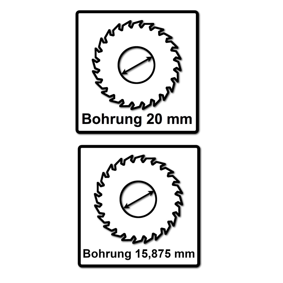 Zwei schwarz-weiße Diagramme von Sägeblättern. Oben ein Blatt mit 20 mm Loch, unten mit 15,875 mm Loch.