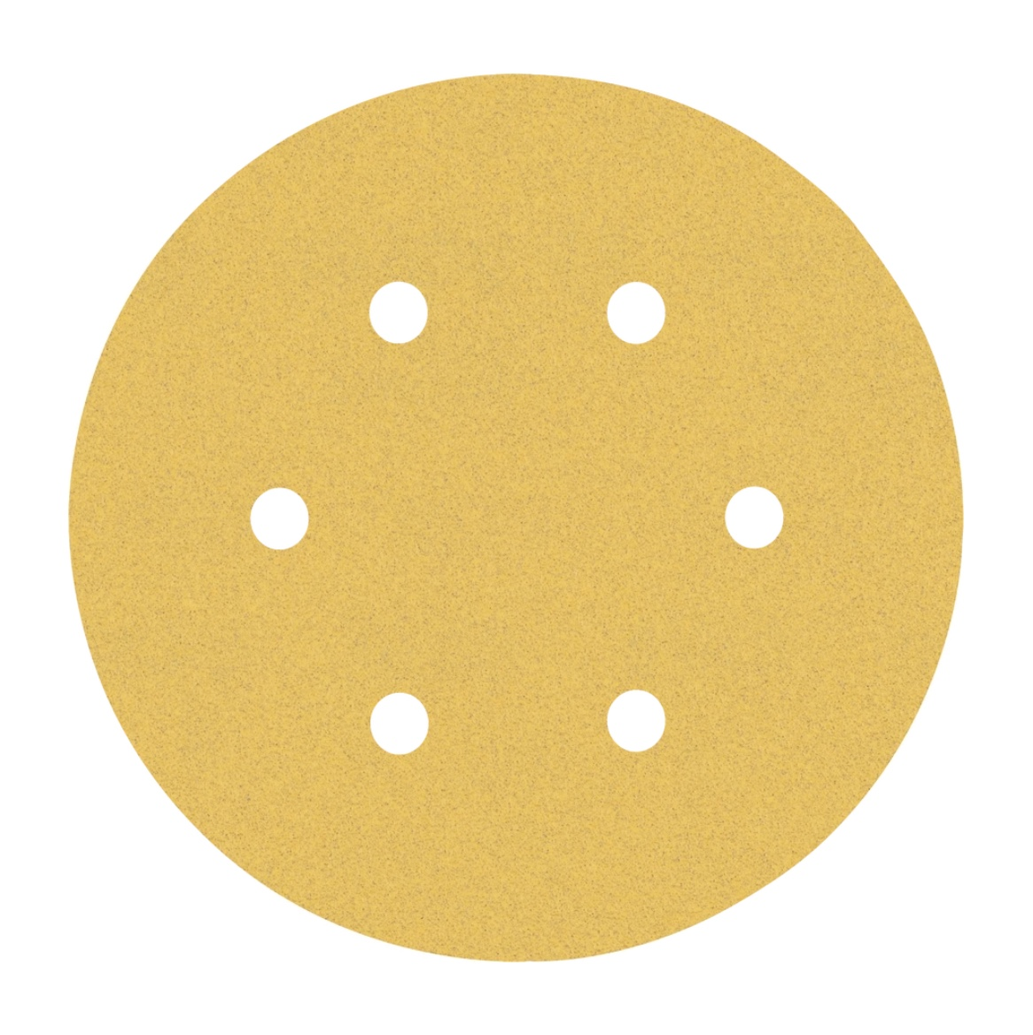Un disco abrasivo rotondo e giallo con sei fori distanziati uniformemente. Lo sfondo è bianco.