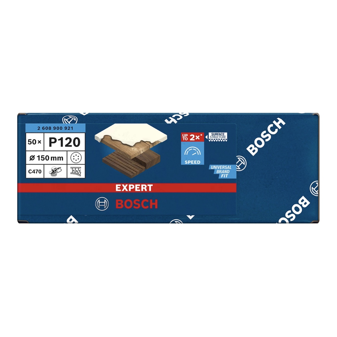 Scatola prodotto Bosch. Include 'P120', '50x', '150 mm' ed 'Expert'. Contiene diagrammi e il logo Bosch.
