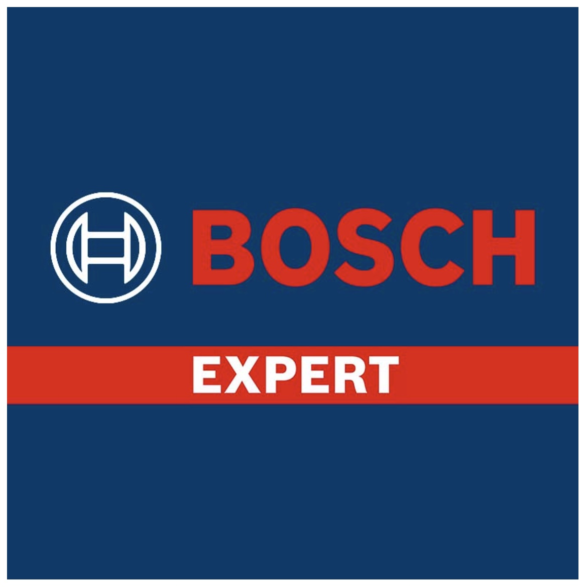 Logo Bosch Expert. Cerchio bianco con H dentro, testo Bosch rosso, striscia rossa con testo Expert bianco su sfondo blu scuro.