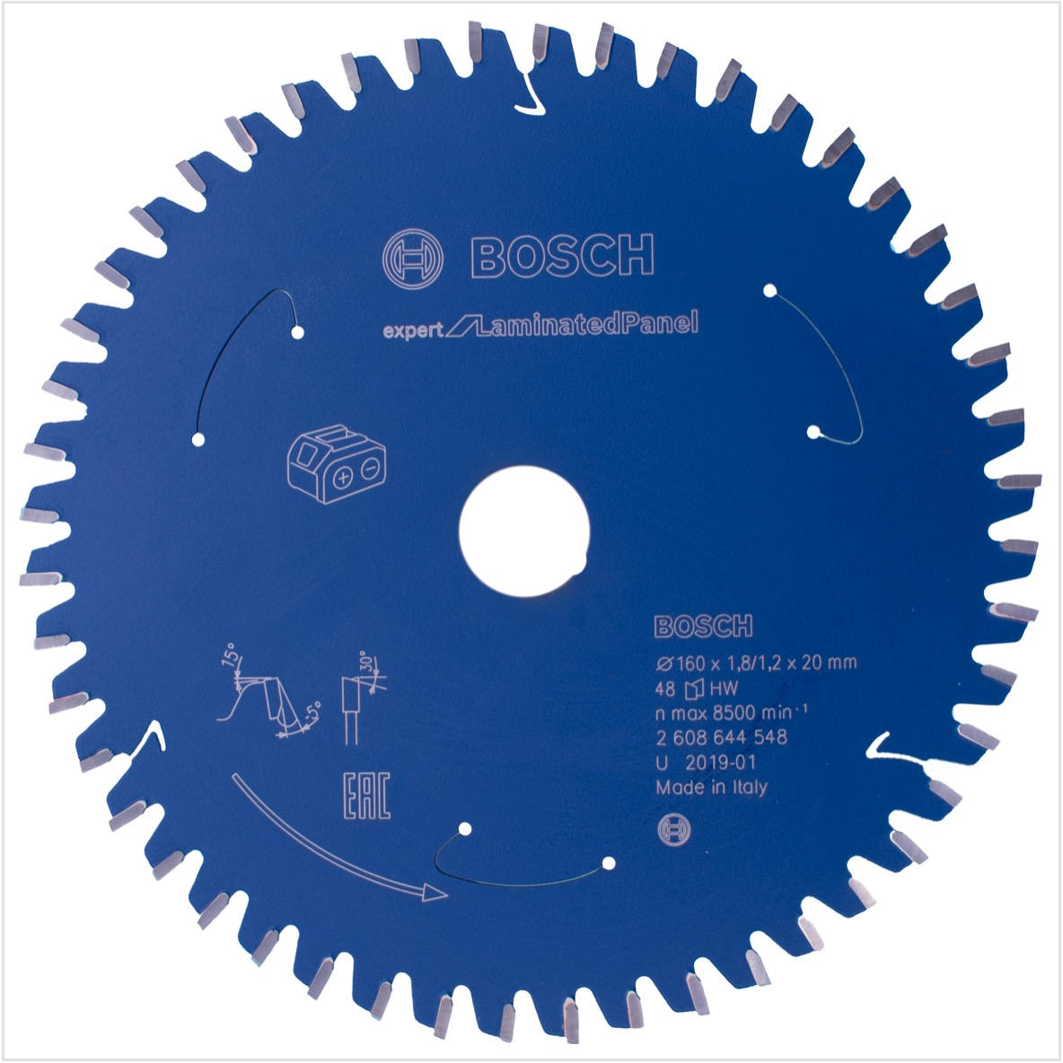 Lama per sega circolare blu. Ha denti sul bordo e il logo Bosch è visibile. Il testo include dimensioni e dettagli di produzione.