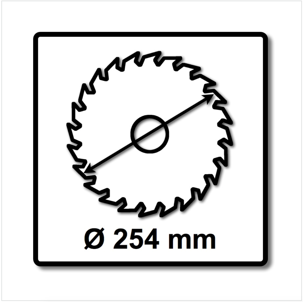 Ein kreisförmiges Sägeblatt-Symbol mit einem Durchmesser von 254 mm. Das Blatt hat gezackte Zähne und ein Mittelloch, alles in einem quadratischen Rahmen.