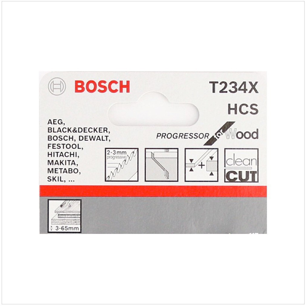 Un emballage de lame à bois Bosch T234X HCS. Il montre le logo de la marque, les détails du produit et la compatibilité.