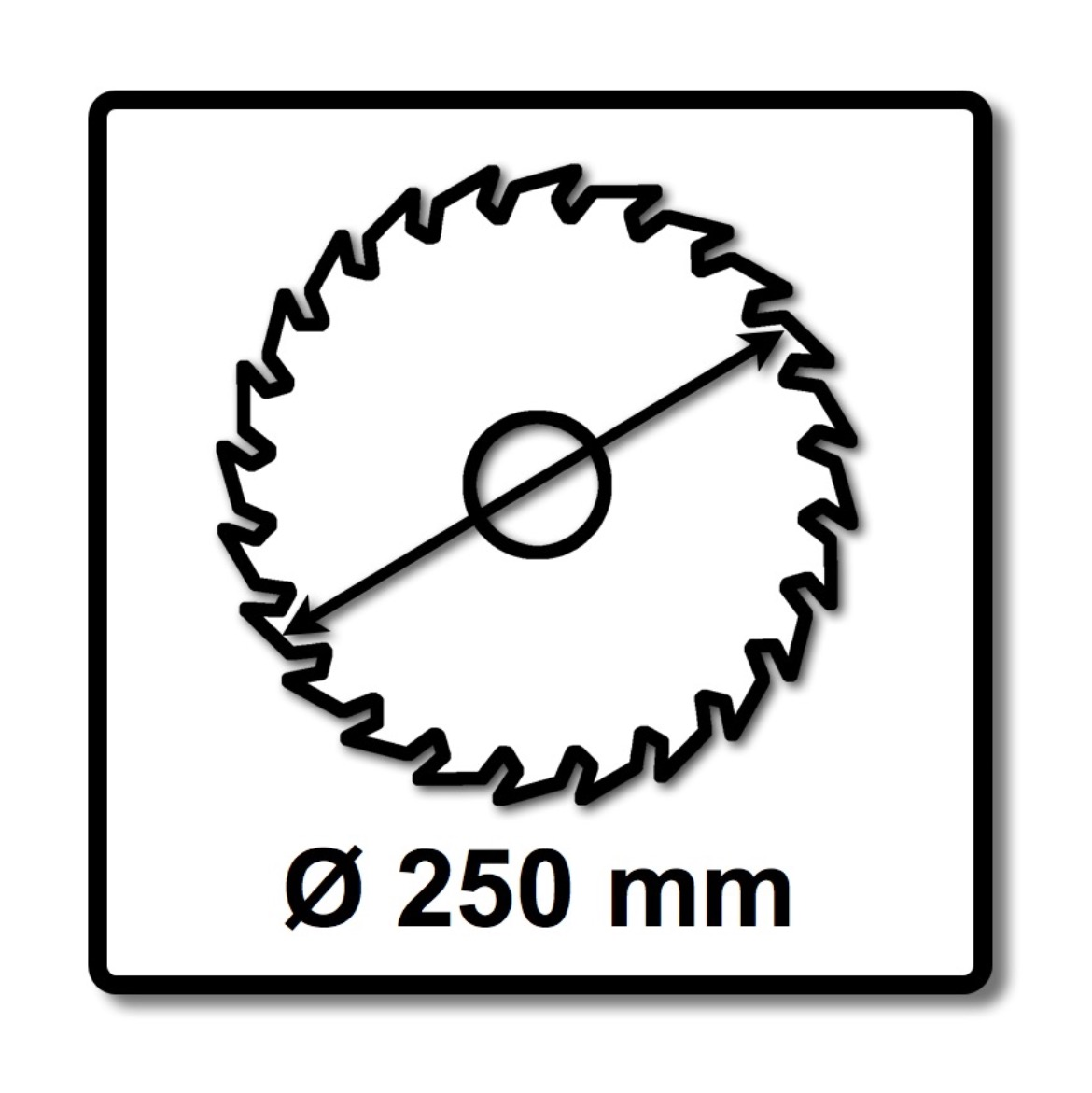 Eine Schwarz-Weiß-Grafik eines kreisförmigen Sägeblattes mit einem Durchmesser von 250 mm in einem schwarzen quadratischen Rahmen.