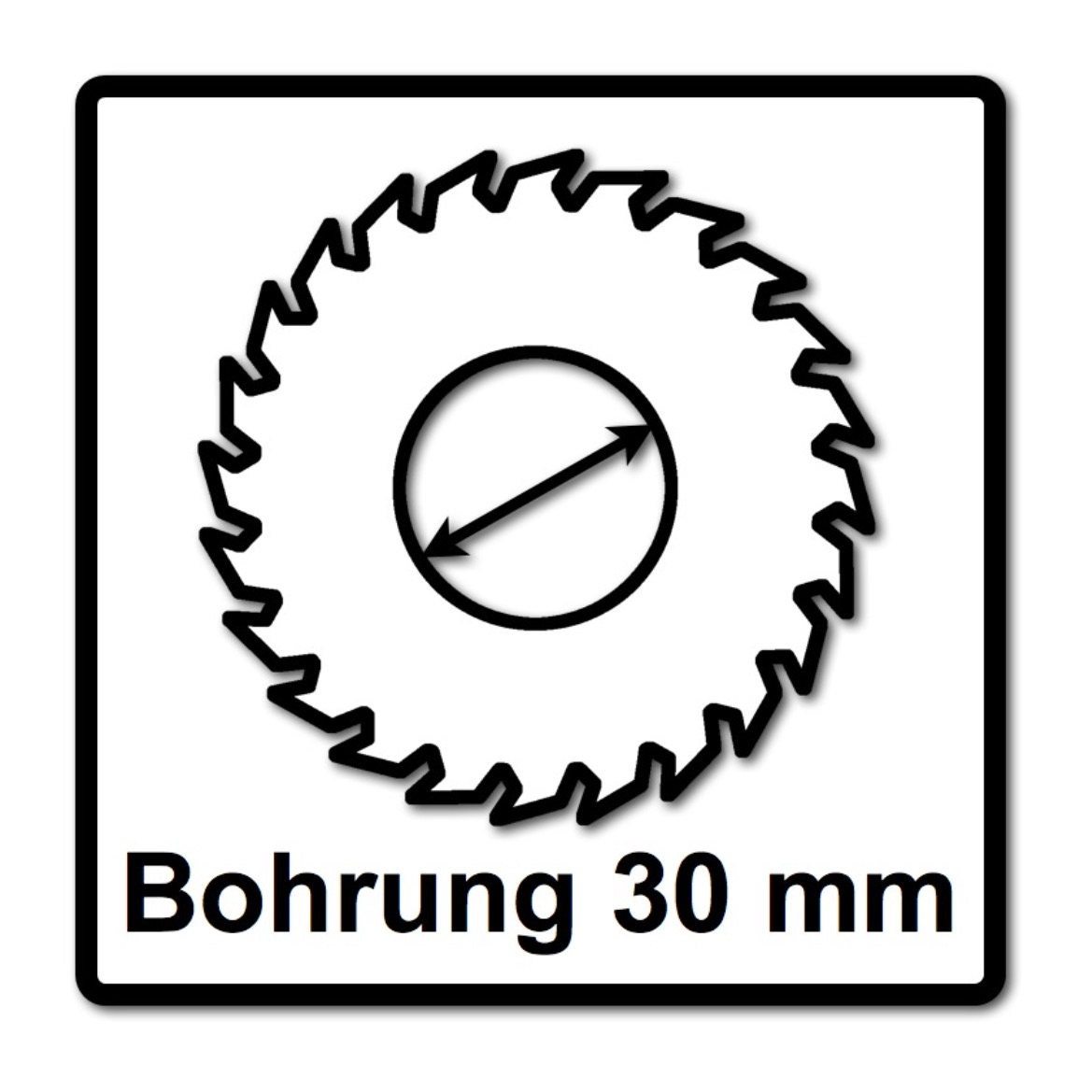 Schwarz-weiß-Symbol mit Sägeblattform, einem zentralen Kreis mit einem Durchmesserpfeil und 'Bohrung 30 mm' darunter.