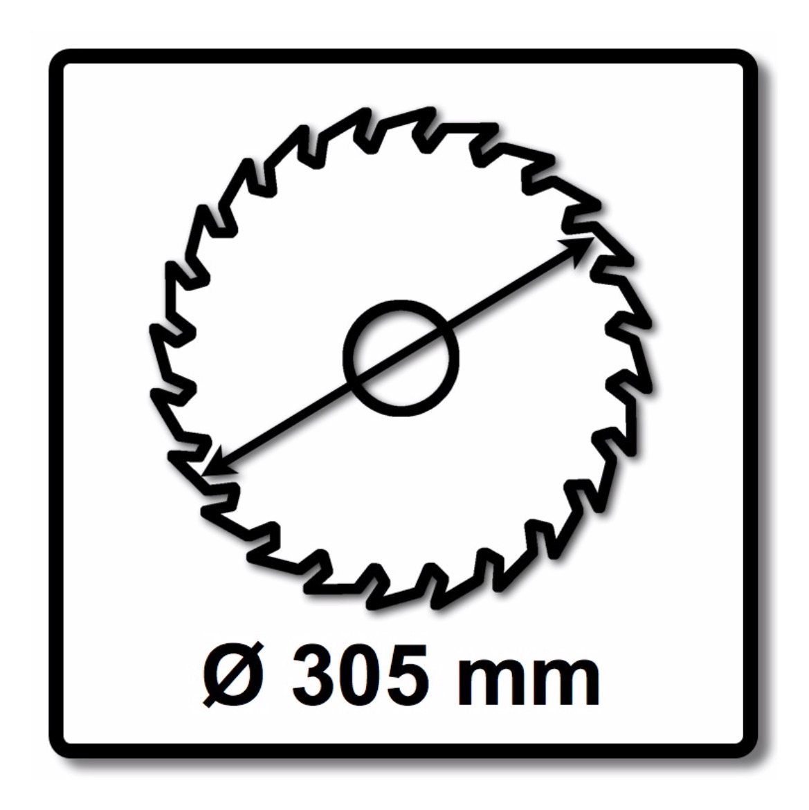 Schwarz-weißes Diagramm eines Kreissägeblatts mit Zähnen, einem Mittelloch, einem Durchmesserpfeil und dem Text 'Ø 305 mm'.