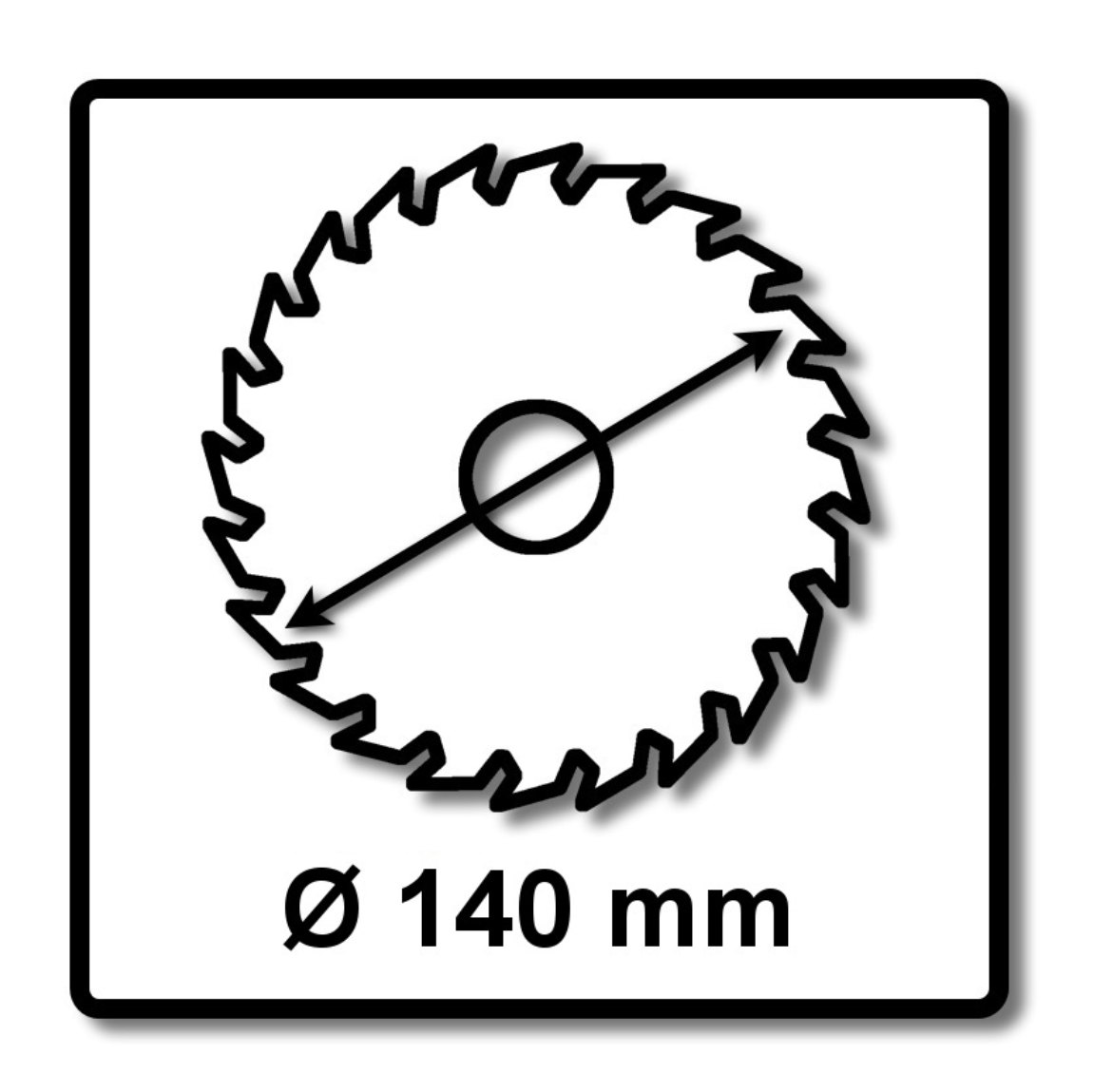 Schwarzes Sägeblatt-Symbol mit 140 mm Durchmesser. Die Klinge hat Zähne und ein zentrales Loch.