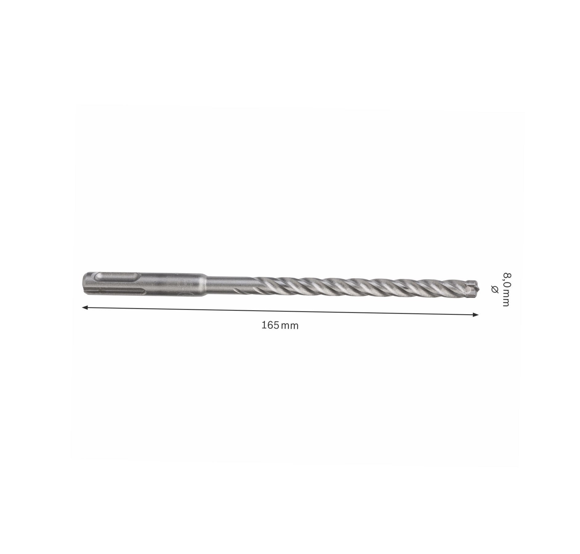 Ein Metallbohrer, 165 mm lang und 8,0 mm Durchmesser, liegt auf weißem Hintergrund. Maße werden angezeigt.