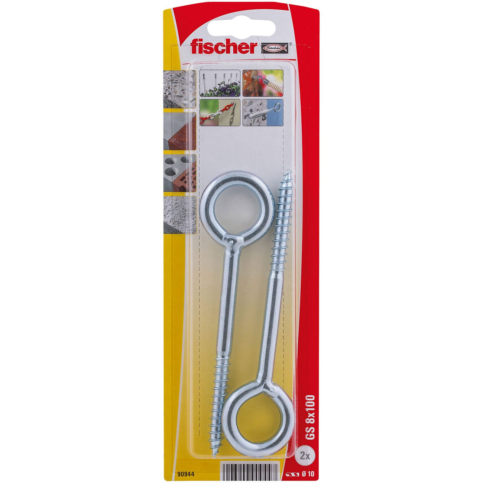 Zwei metallene Schraubösen in einer Plastikverpackung mit Fischer-Logo, roten und gelben Akzenten.