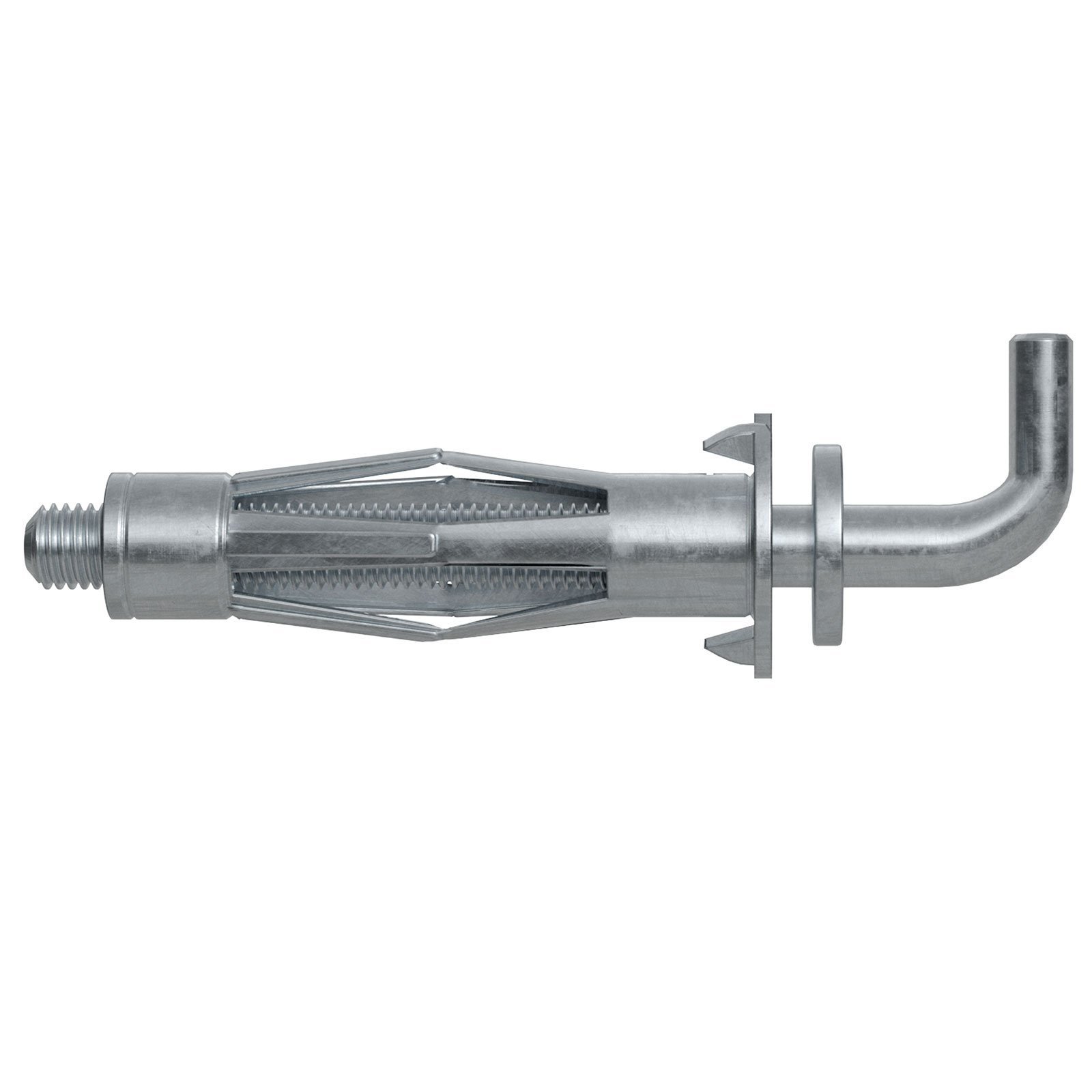 Ein Metall-Wandanker. Er hat ein Gewinde, einen ausziehbaren Körper und einen gebogenen, senkrechten Abschnitt.