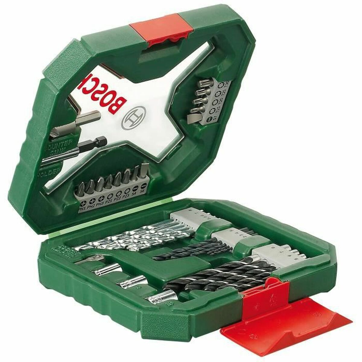Una caja de herramientas verde Bosch abierta, llena de varias brocas y accesorios. Acentos rojos en la tapa y un logotipo blanco de Bosch son visibles.