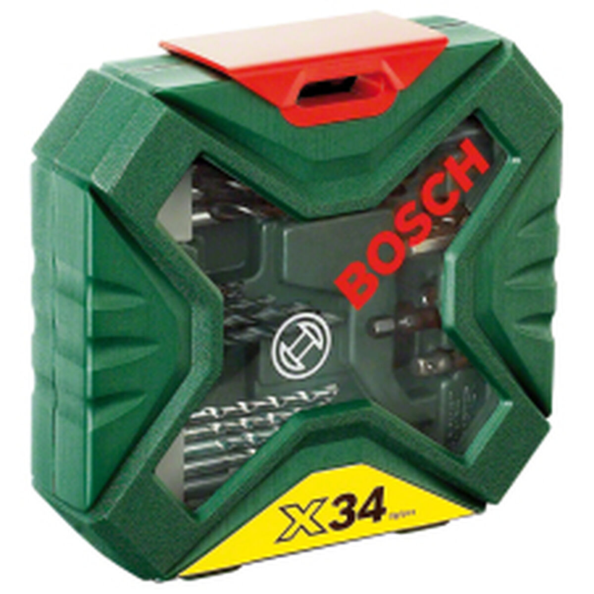 Kit de herramientas verde Bosch X34. Tapa roja. Ventanas de plástico transparente muestran brocas y herramientas.