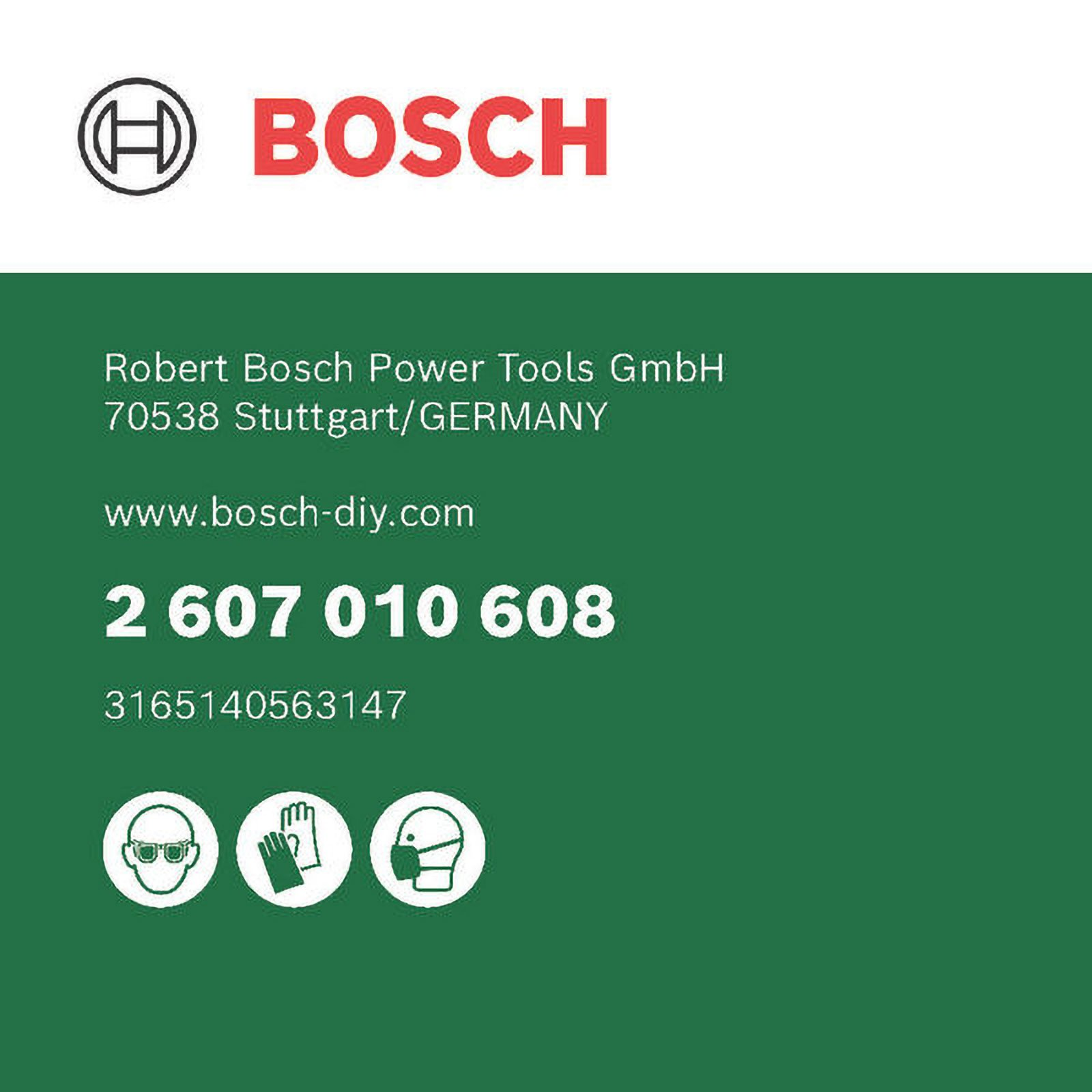 Logotipo y texto de Bosch con información de contacto, código de producto e iconos de seguridad sobre fondo verde.
